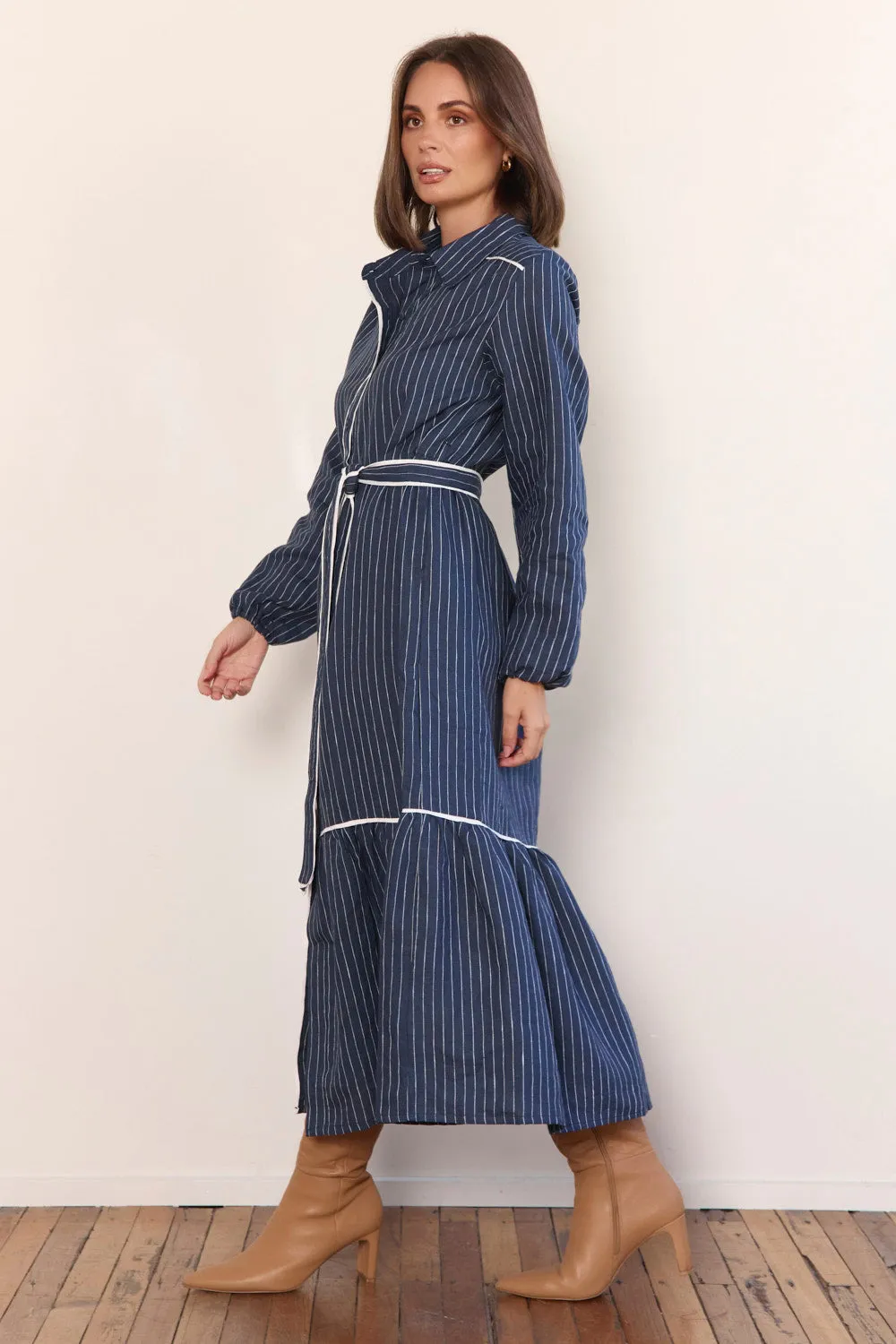 Court Path Bridge Walk Ginette Collared Linen Dress in Pinstripe