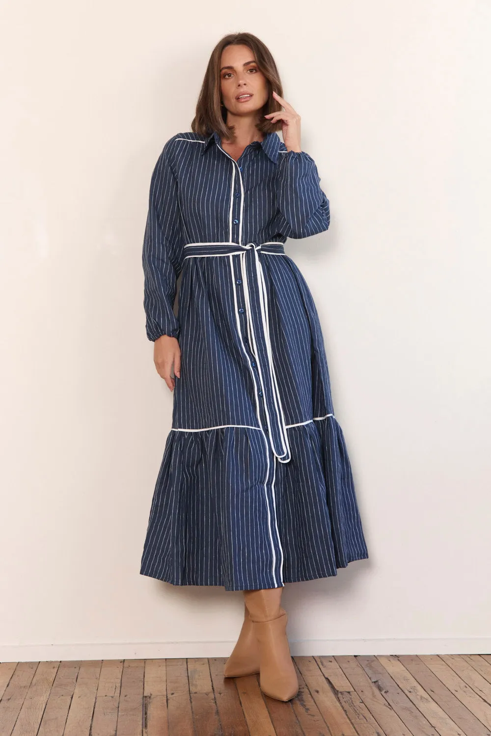 Wedding guest Layer Glow Ginette Collared Linen Dress in Pinstripe