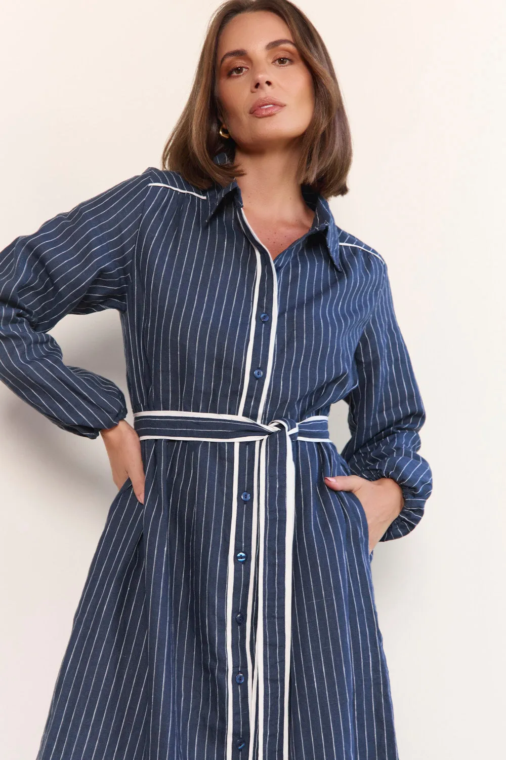 Ginette Collared Linen Dress in Pinstripe Lilac Soft
