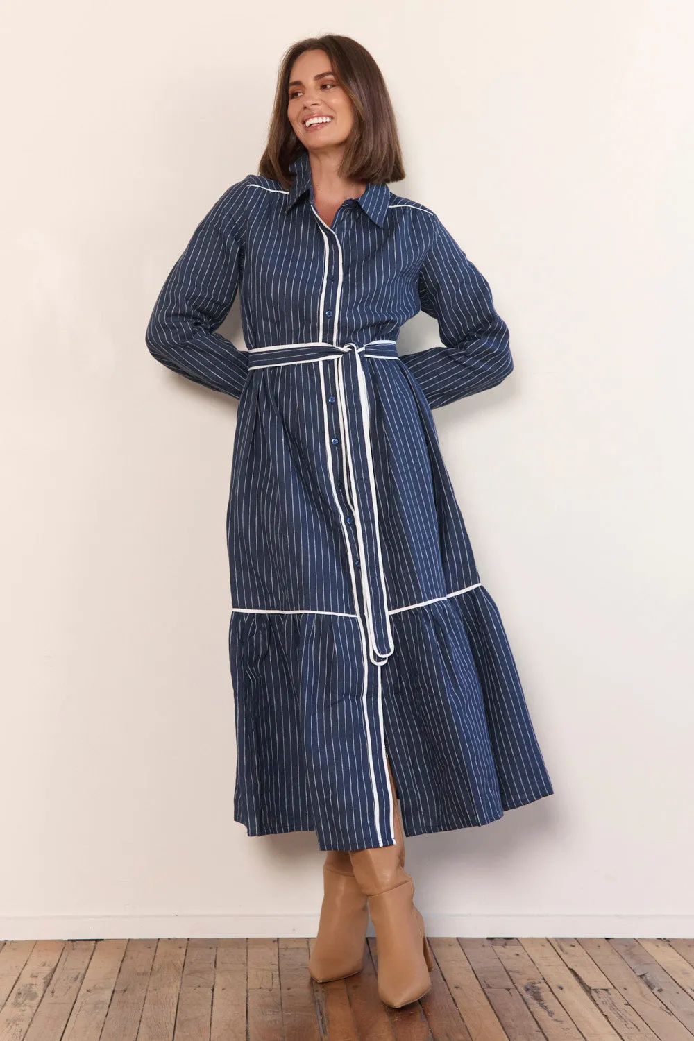 Ginette Collared Linen Dress in Pinstripe Sand Beige Trim Glow