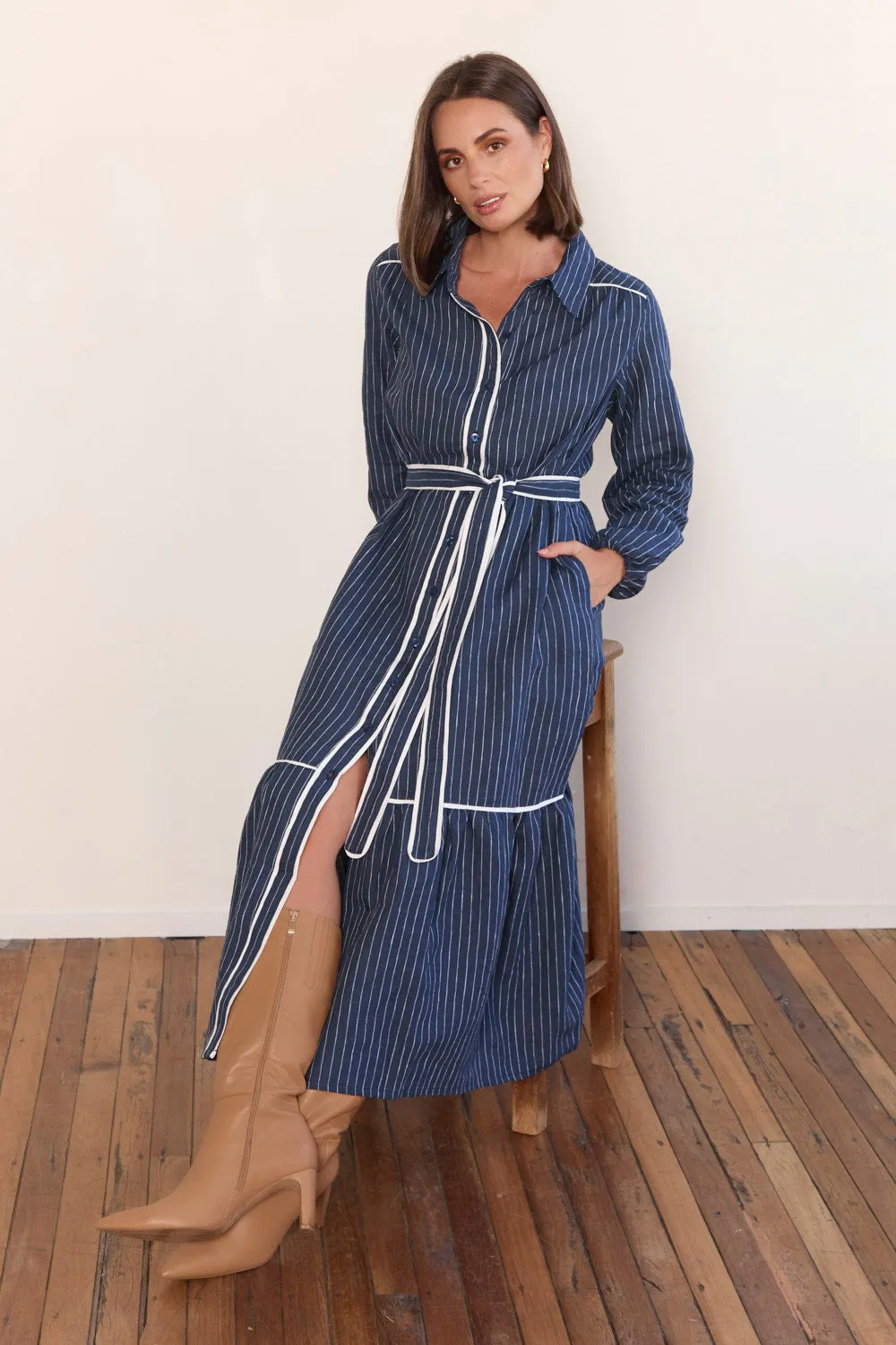 Knot Art Dinner Date Ginette Collared Linen Dress in Pinstripe