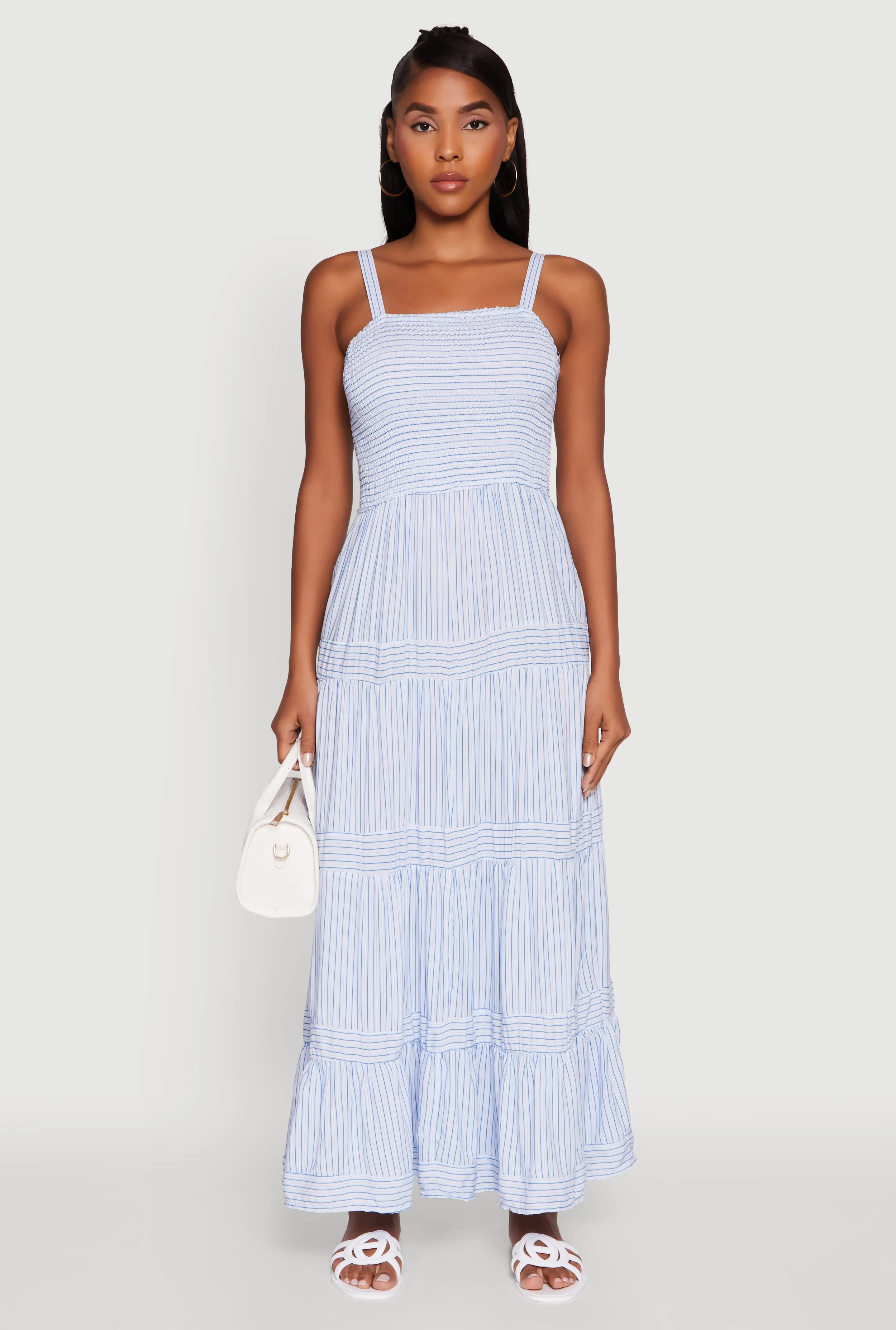 Striped Tiered Maxi Sundress Botanic Scene Morning Mist