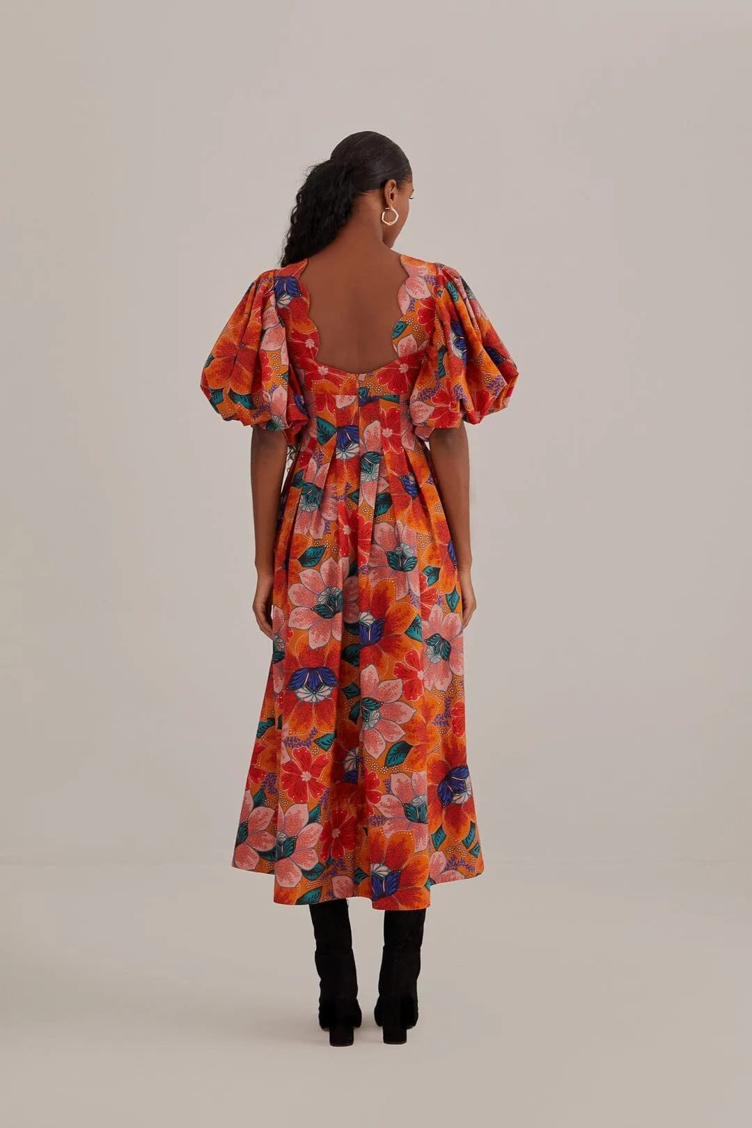 Elegant Layers Host Smile Orange Marias Floral Cut-Out Midi Dress