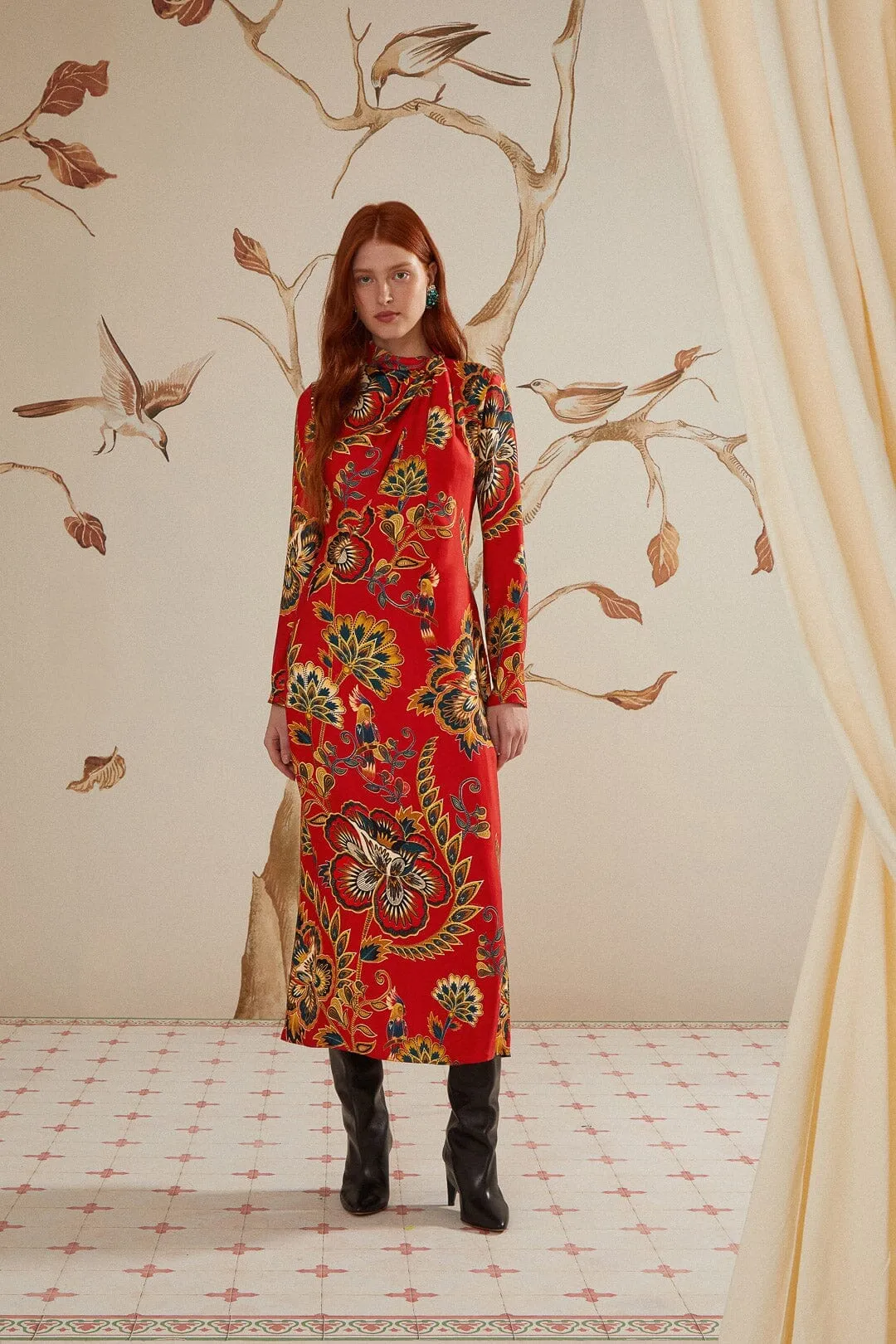 All Season Wear music concert Red Maxi Floral Cutout LENZING? ECOVERO? Viscose Midi Dress