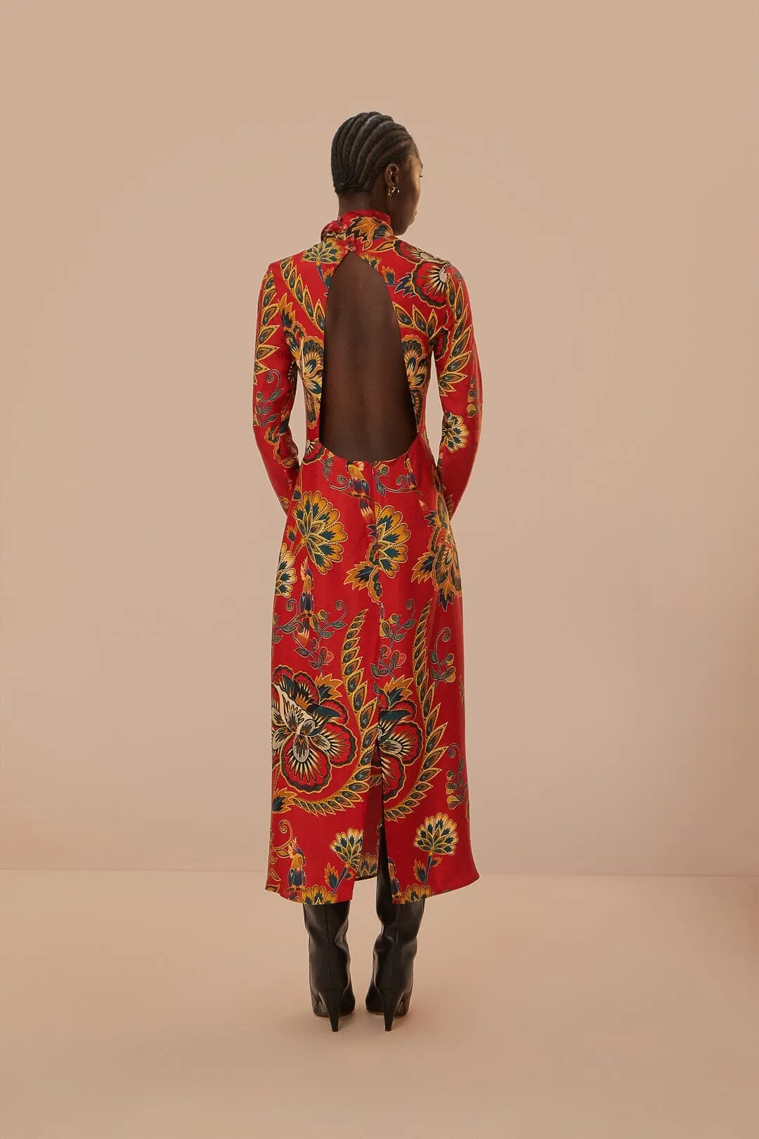 Subtle Glamour Comfortable casual midi Red Maxi Floral Cutout LENZING? ECOVERO? Viscose Midi Dress
