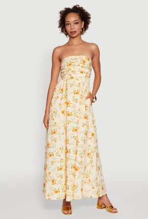 Floral Strapless Pleated Maxi Dress with Pockets Sail View Trendy long-length summer piece