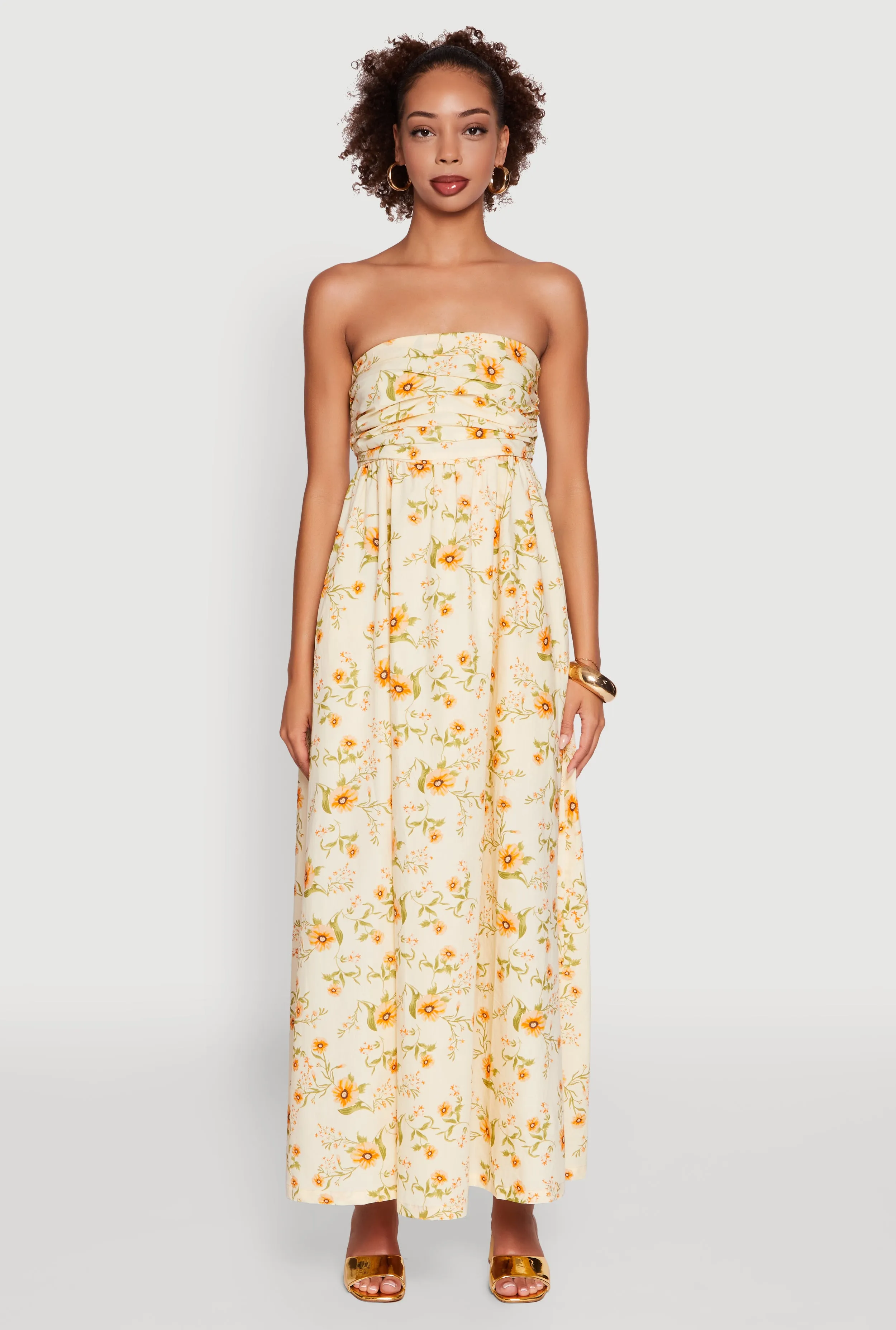 Floral Strapless Pleated Maxi Dress with Pockets Comfortable day-to-night dress This dress provides a flattering look for any body type thanks to its classic design