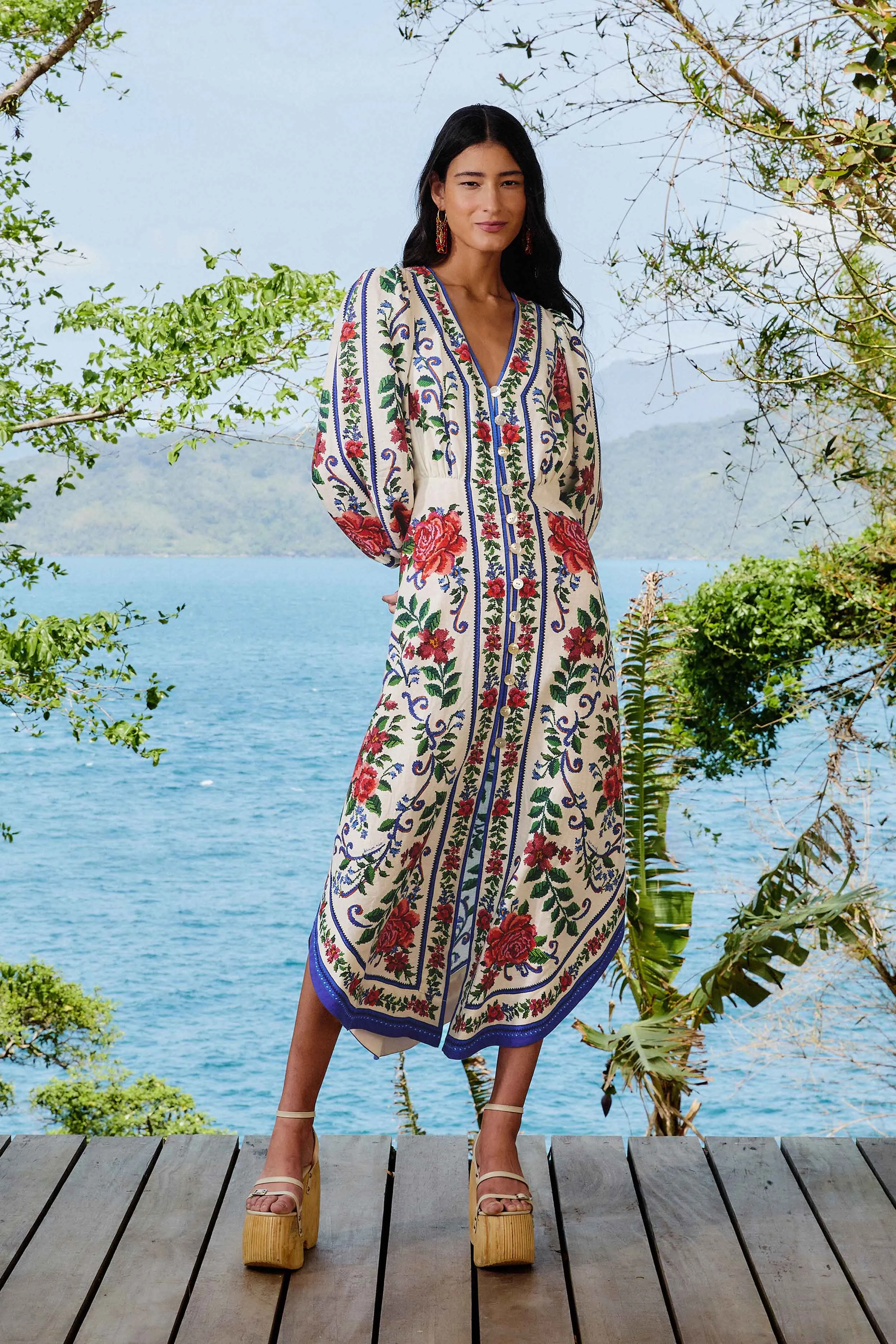 Off-White Flower Tapestry LENZING? ECOVERO? Euroflax? Maxi Dress Flare Bottom