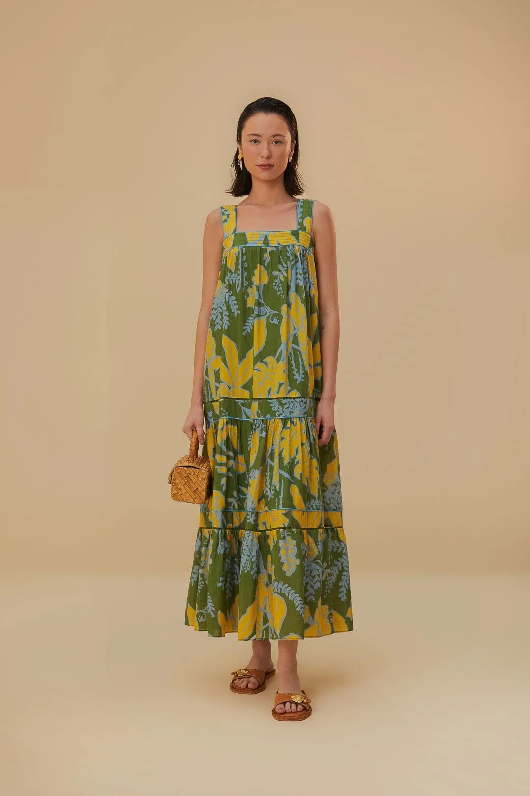 Forest Air embroidery work Green Foliage Sketch Sleeveless Maxi Dress