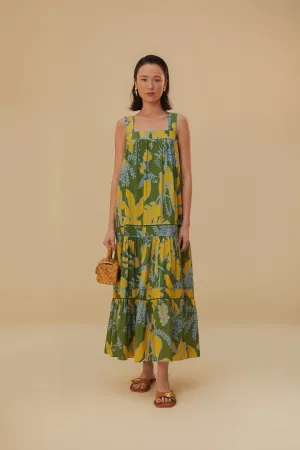 Forest Air embroidery work Green Foliage Sketch Sleeveless Maxi Dress