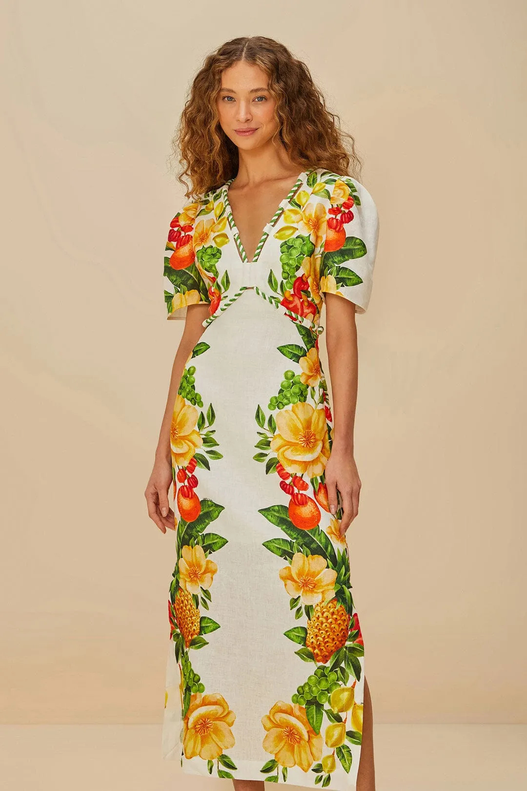 Stripe Flow Court Path Off-White Picnic Flowers Euroflax? Premium Linen Maxi Dress