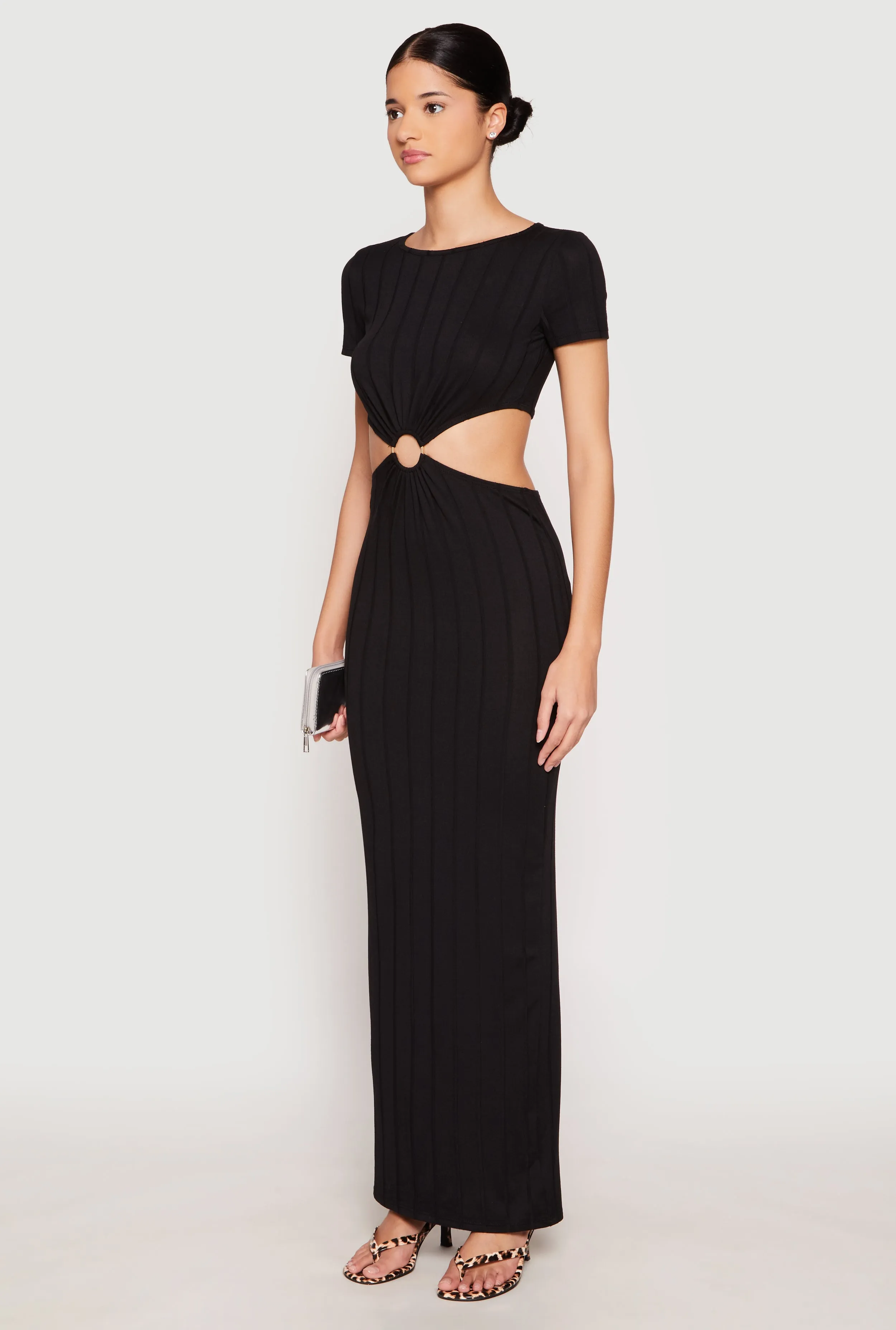 Onyx Shine Ribbed Knit O Ring Cut Out Maxi Dress