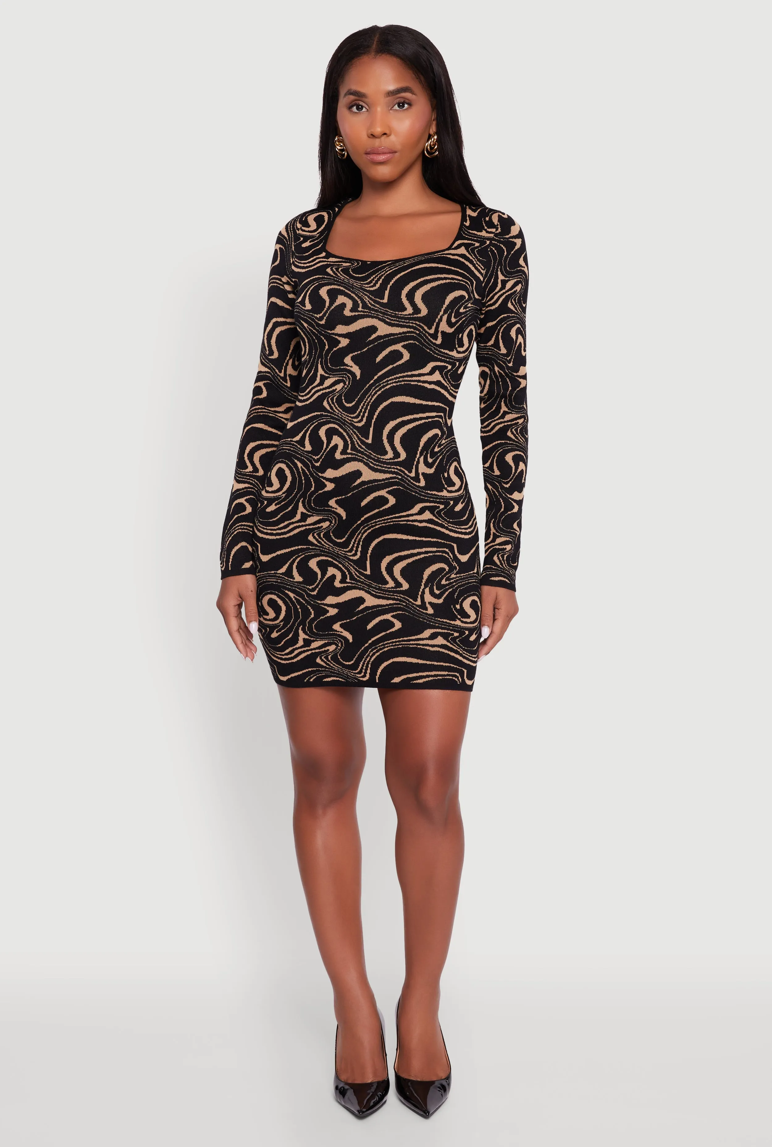 Trendy Psychedelic Swirl Print Mini Sweater Dress Glow Sharp
