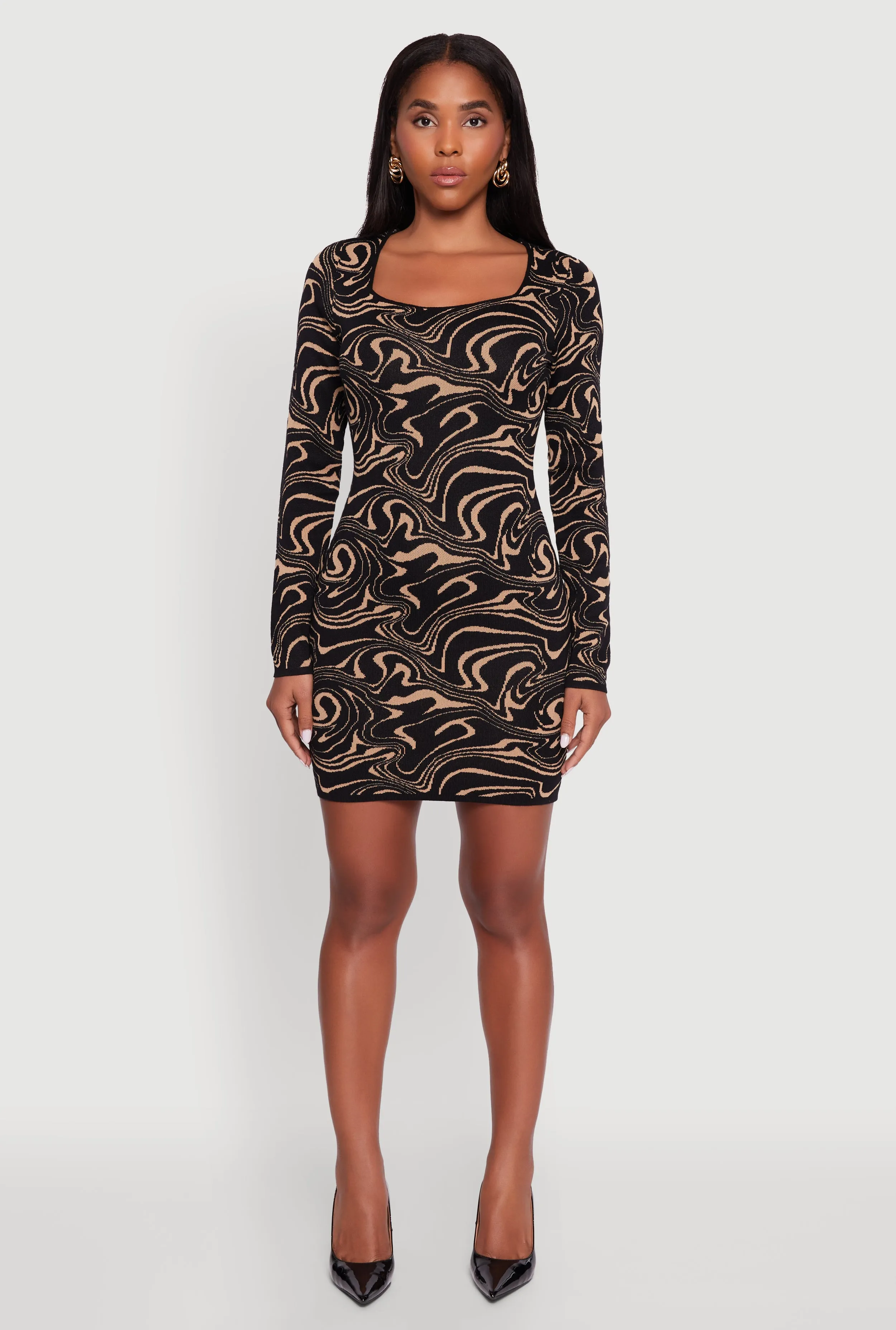 Trendy Psychedelic Swirl Print Mini Sweater Dress Hot Warm