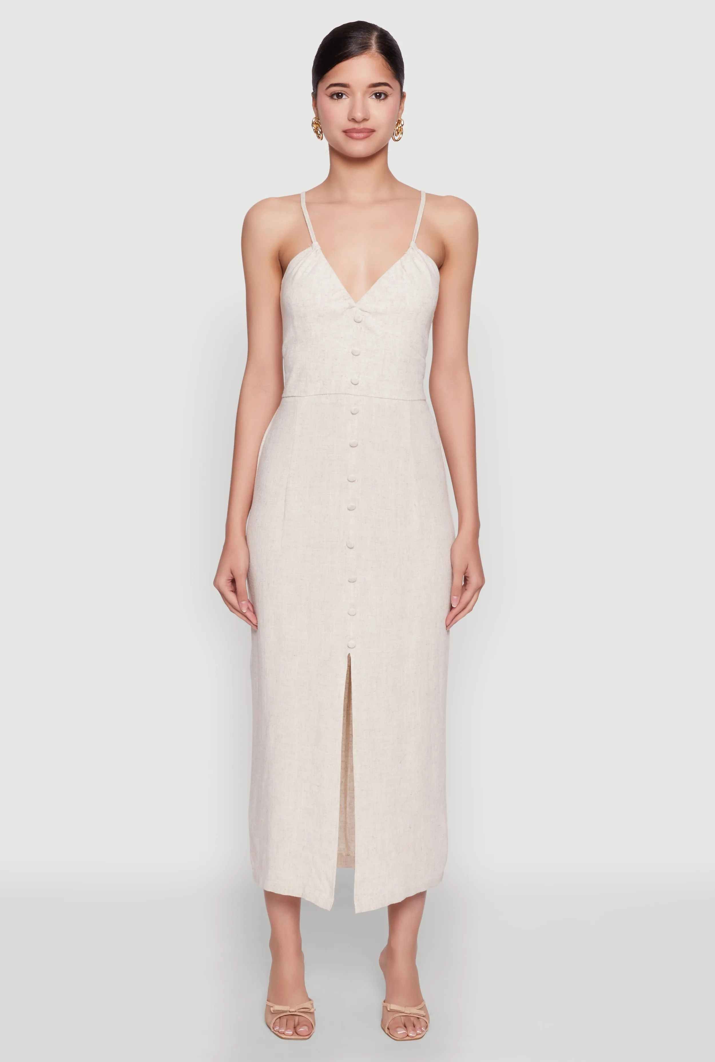 Wall Glow This maxi dress combines classic style with modern comfort for a timeless look Open Tie Back Button Front Maxi Dress