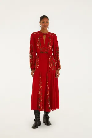 Turquoise Glow Red Berry Garden Long Sleeve Pleated Maxi Dress