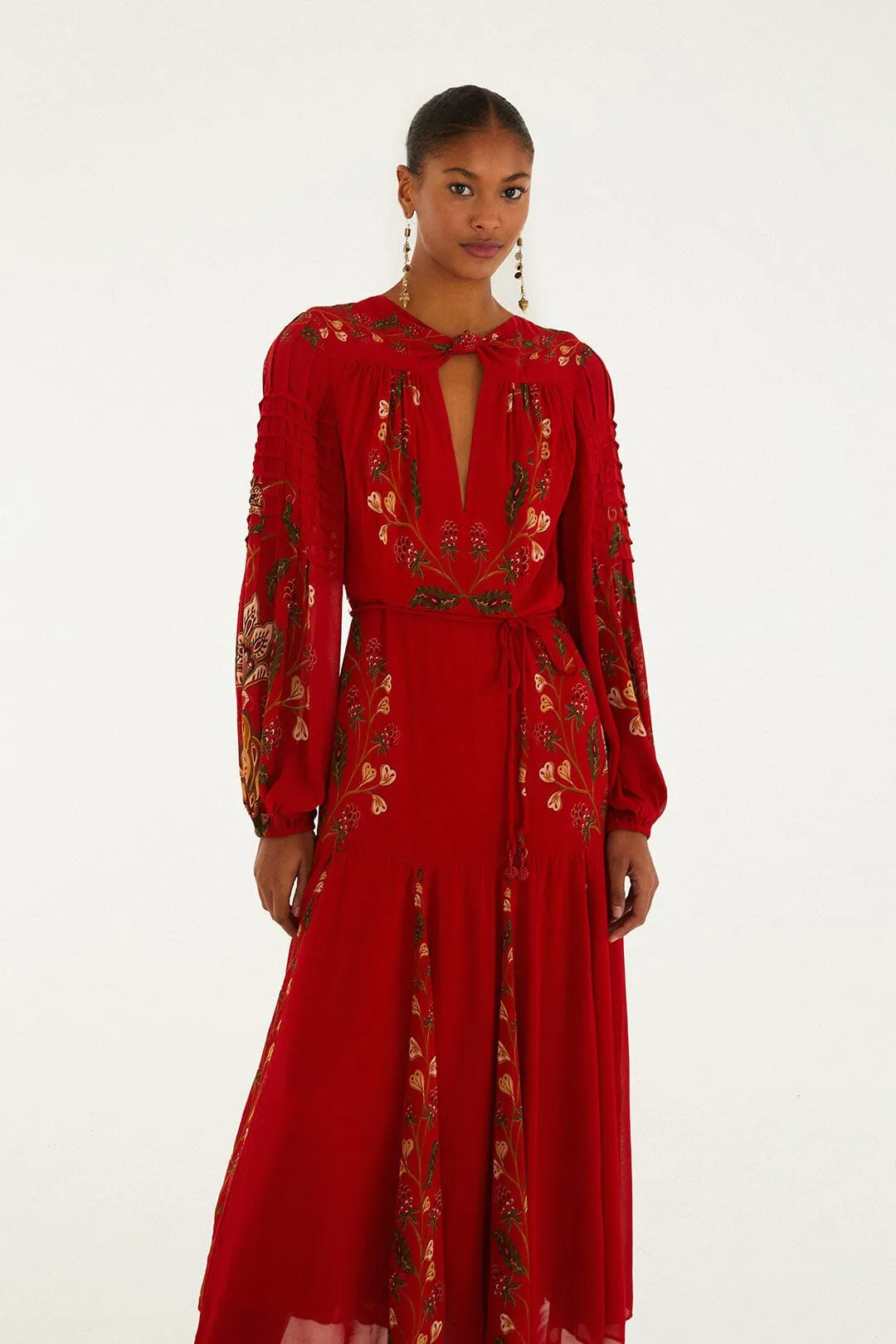 Layer Art Red Berry Garden Long Sleeve Pleated Maxi Dress