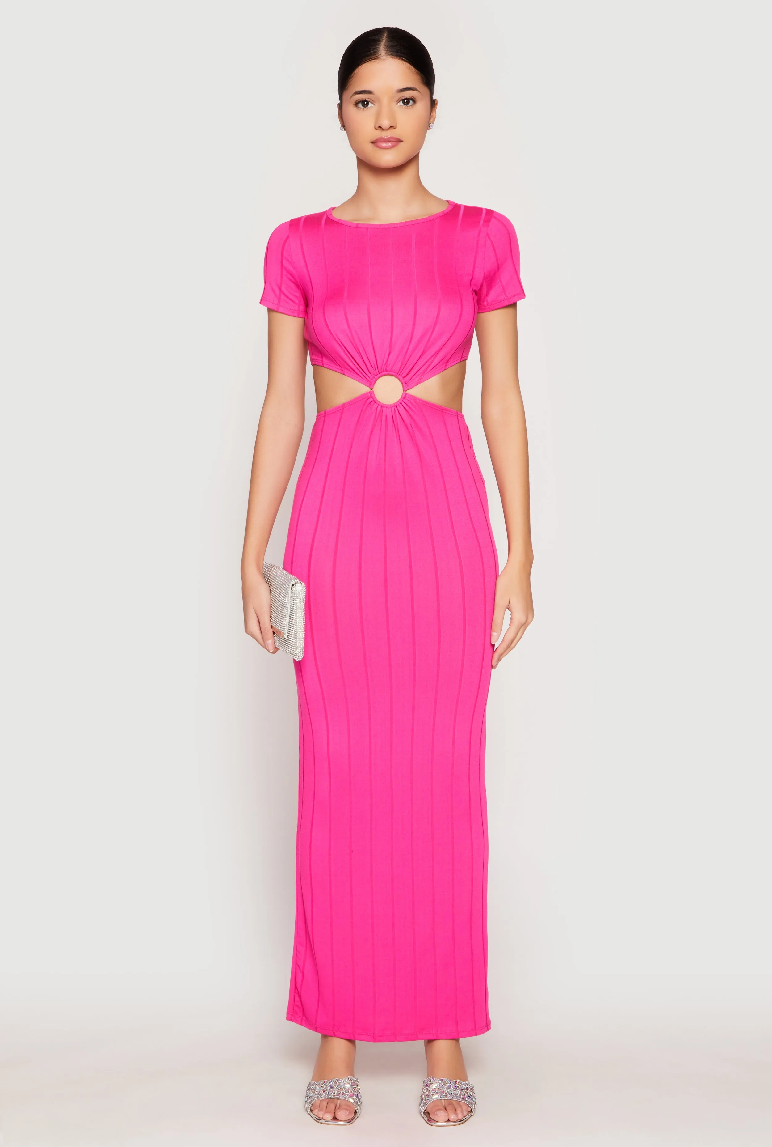 Event Perfect Ribbed Knit O Ring Cut Out Maxi Dress
