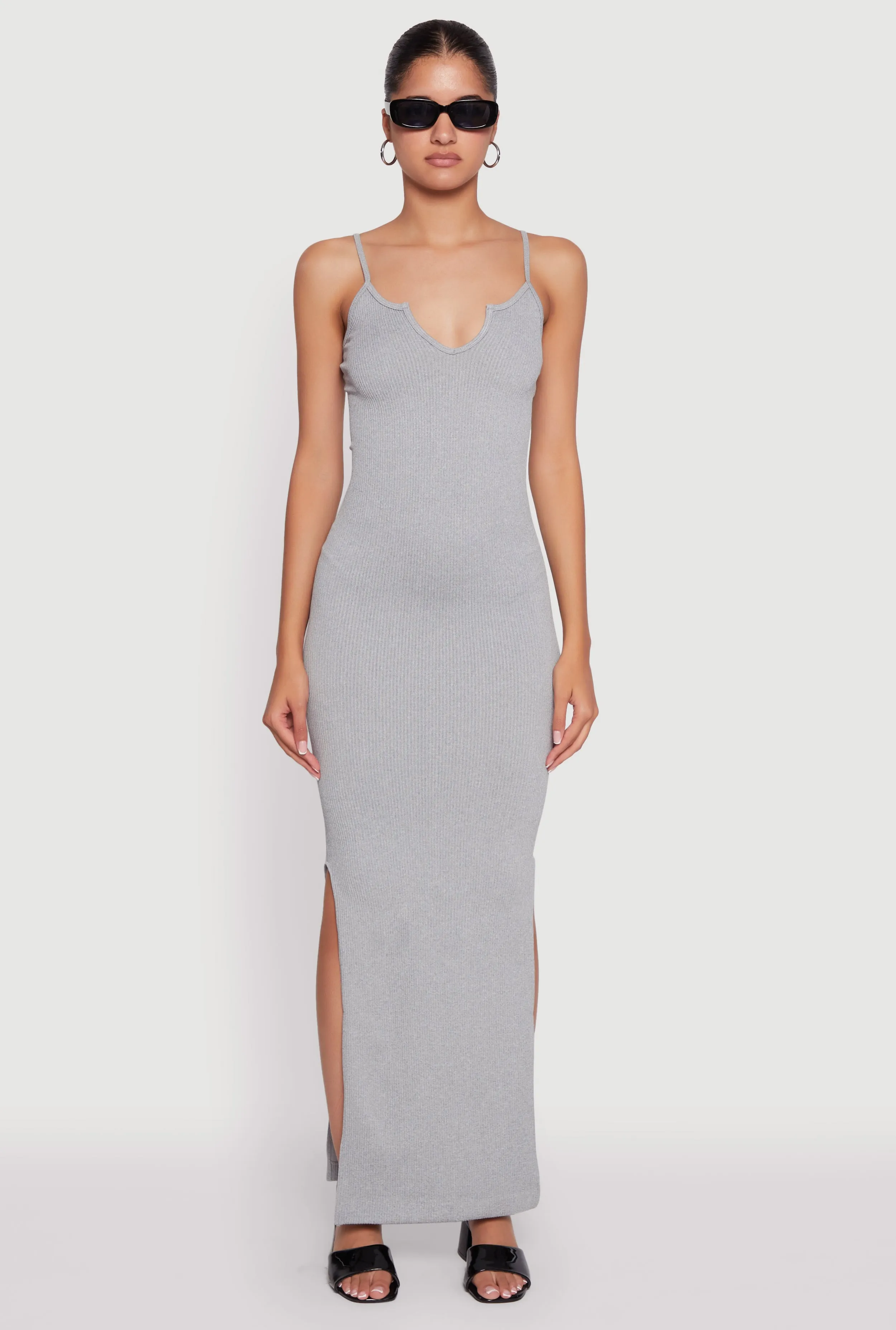 This dress is perfect for transitioning between seasons while still maintaining an elegant look Practical long dress Ribbed Knit Sleeveless Notch Neck Maxi Dress