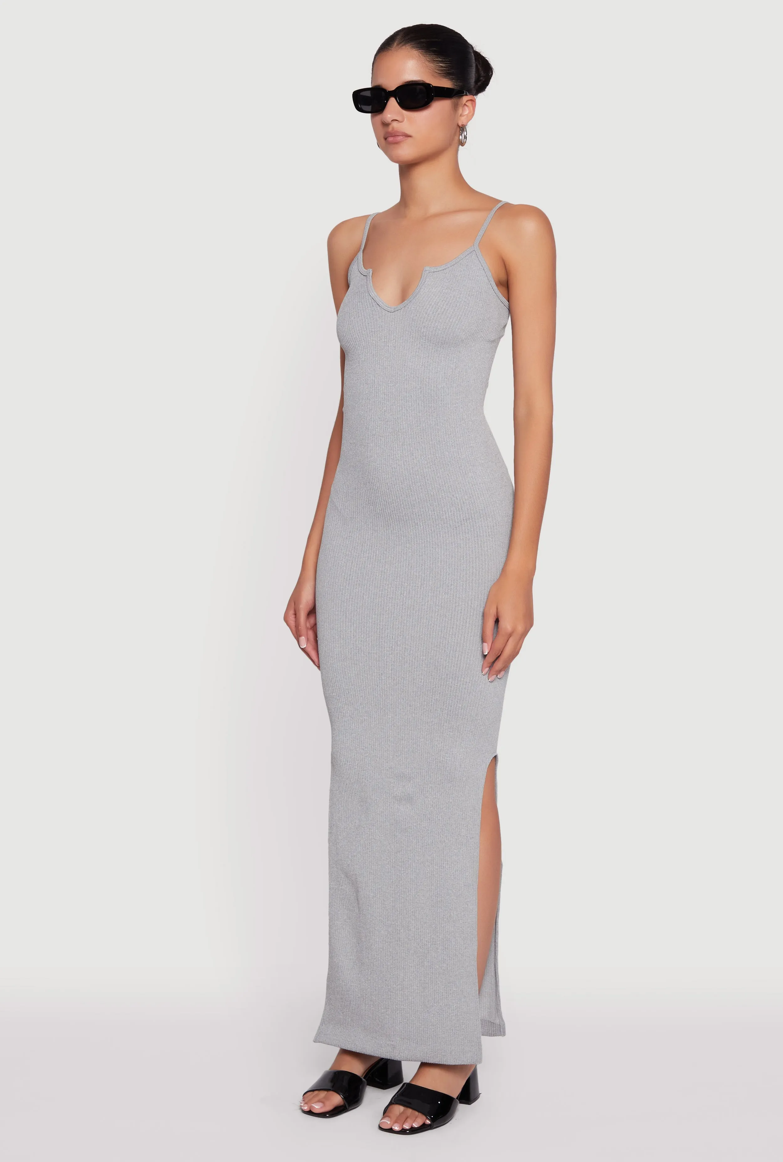 Ribbed Knit Sleeveless Notch Neck Maxi Dress Versatile event attire