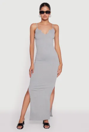 Ribbed Knit Sleeveless Notch Neck Maxi Dress Snow Field Dawn Calm