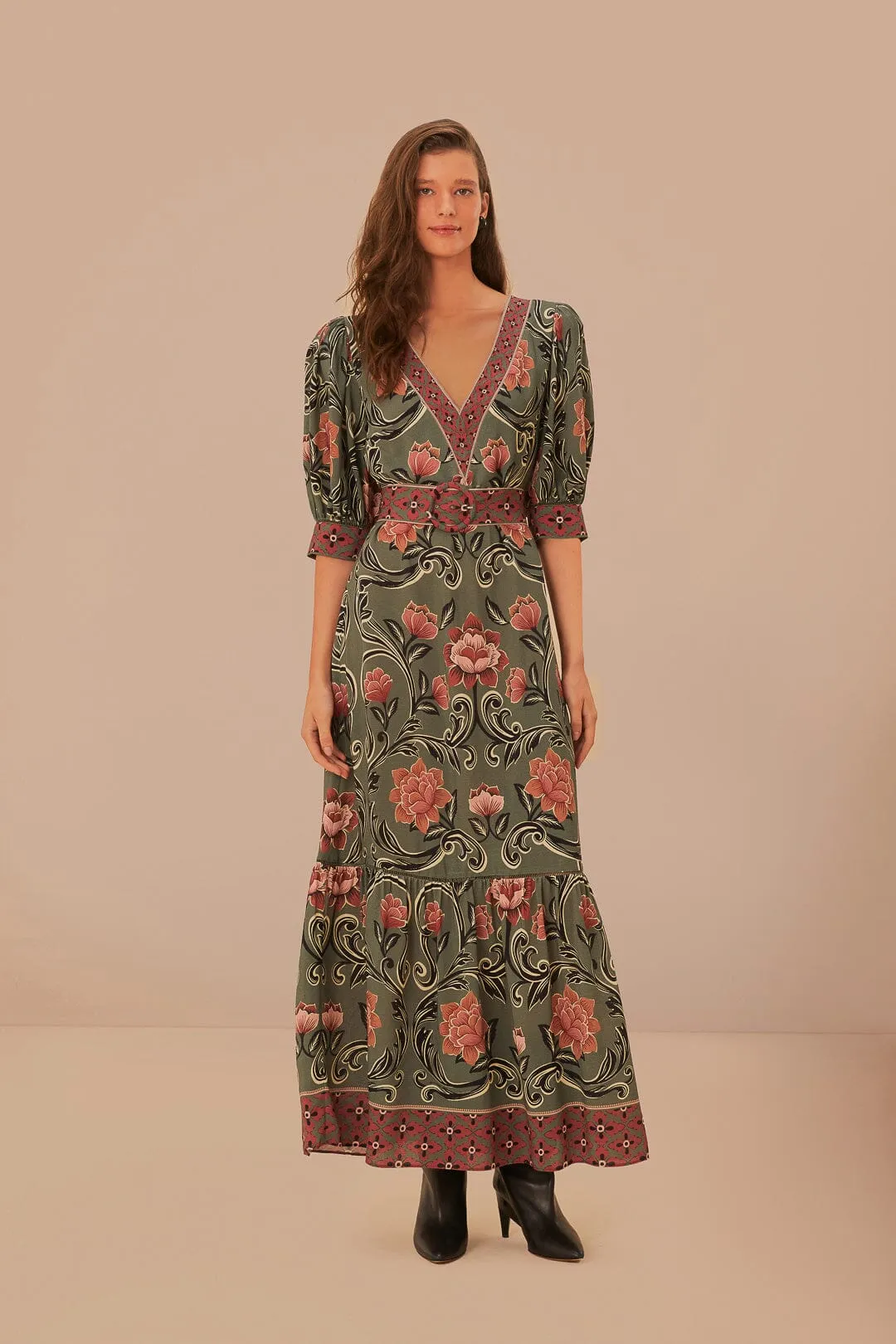 Arabesque Floral Green Maxi Dress Spanish Heat