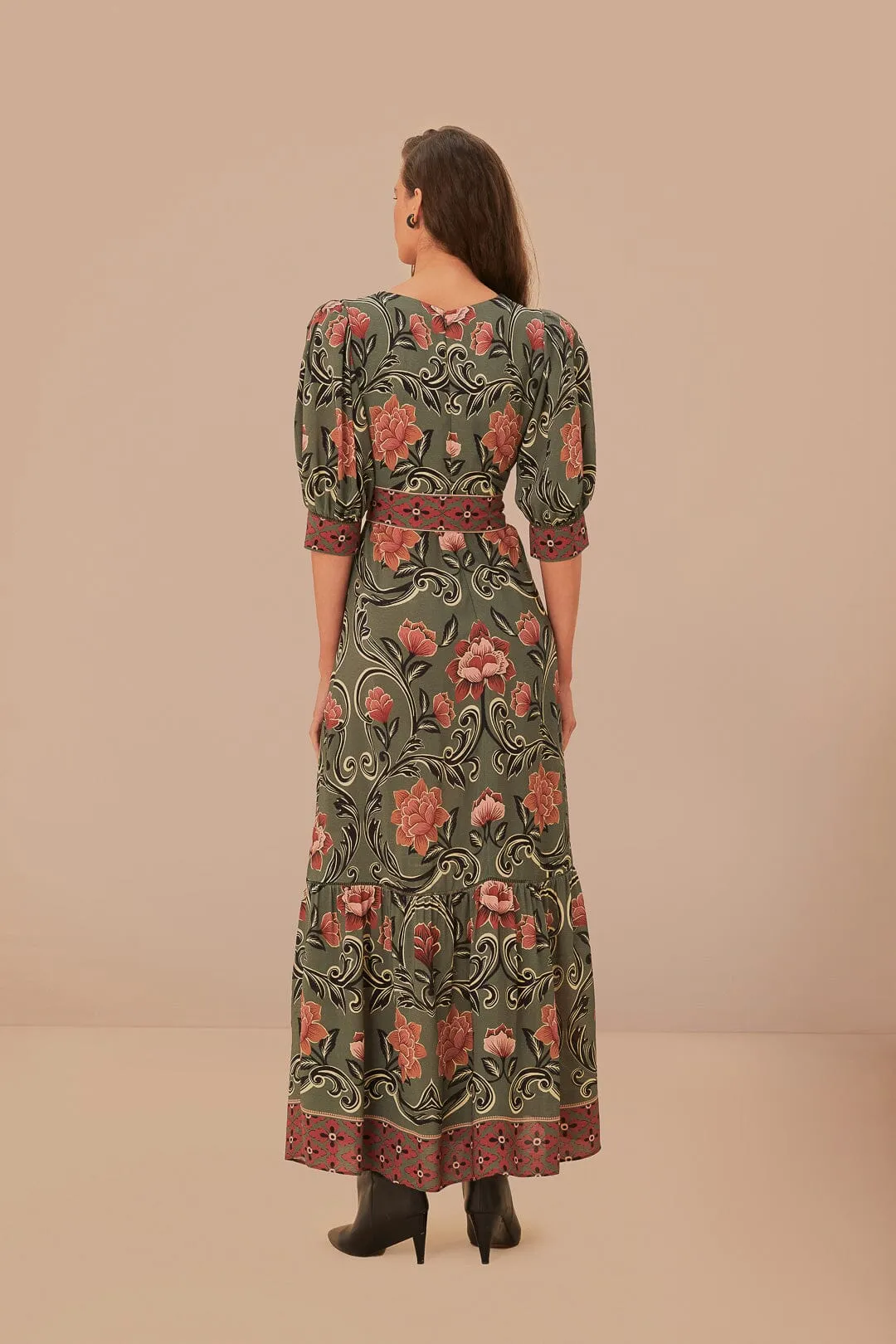 Hemp Soft Lamp Glow Arabesque Floral Green Maxi Dress