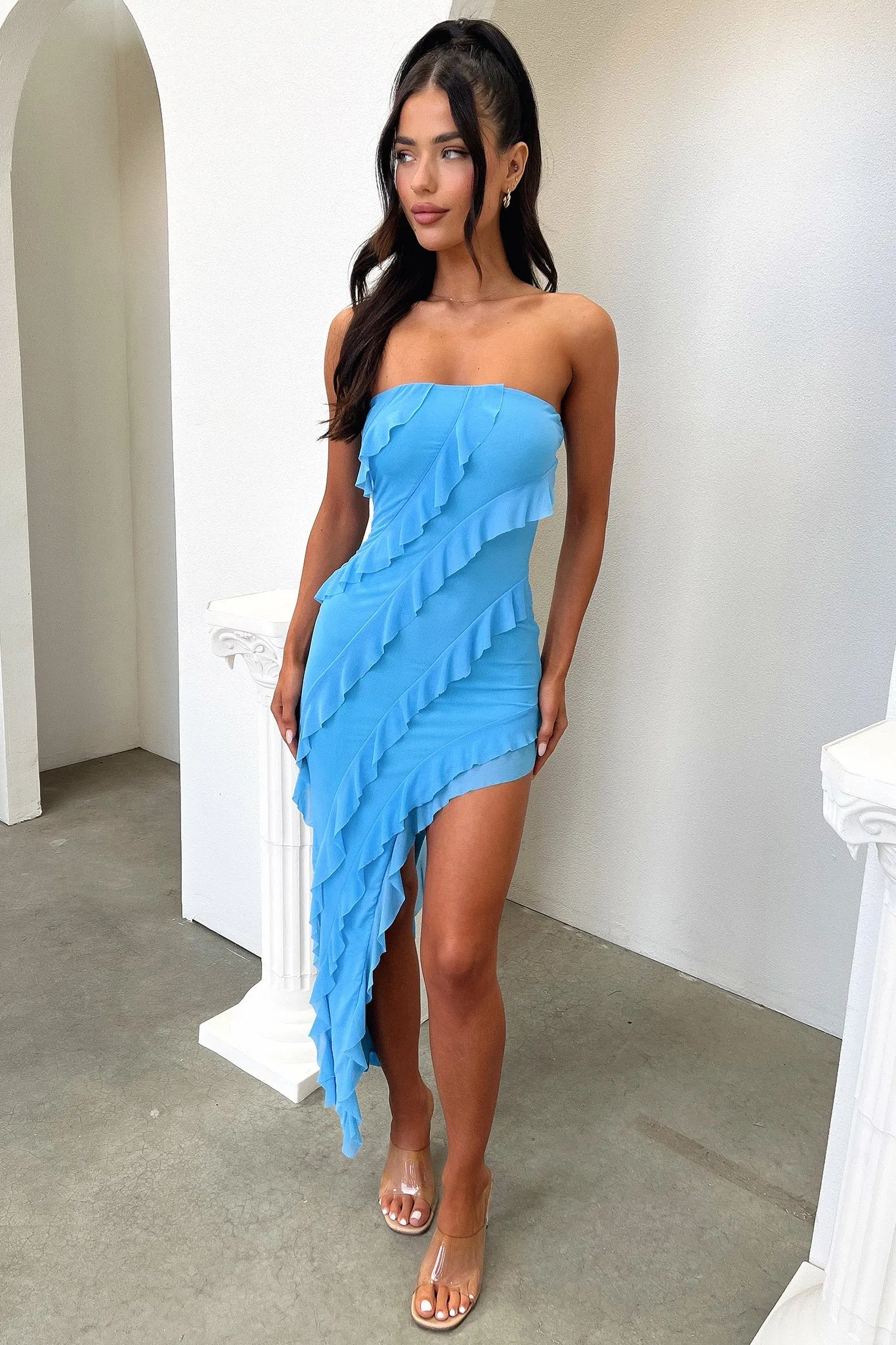 Jadore Strapless Ruffle Midi Dress - Blue Petal Drift Stylish Choices