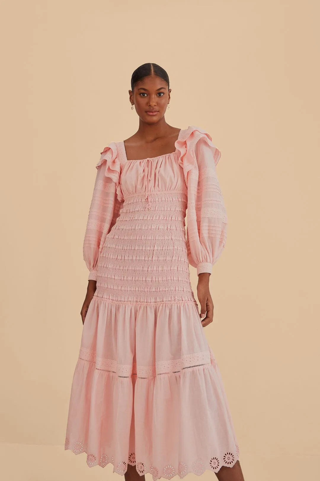 One Step Look Light Pink Long Sleeve Smocked Midi Dress
