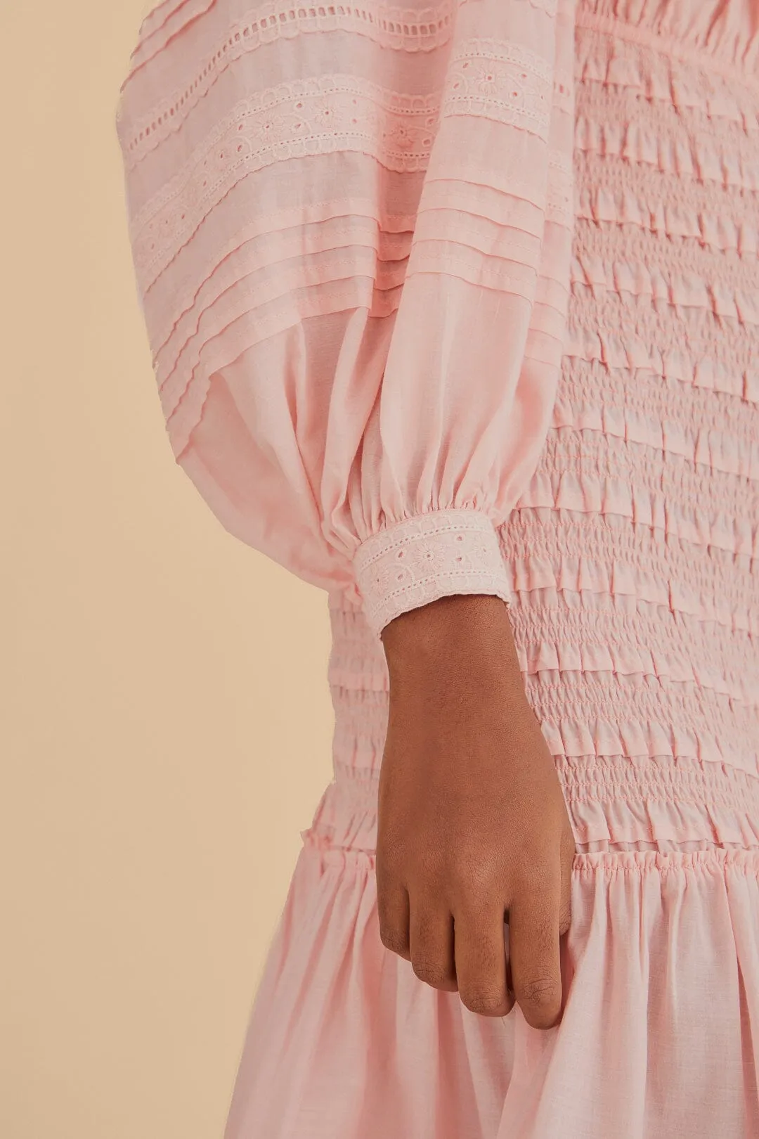 Light Pink Long Sleeve Smocked Midi Dress Cool Shade