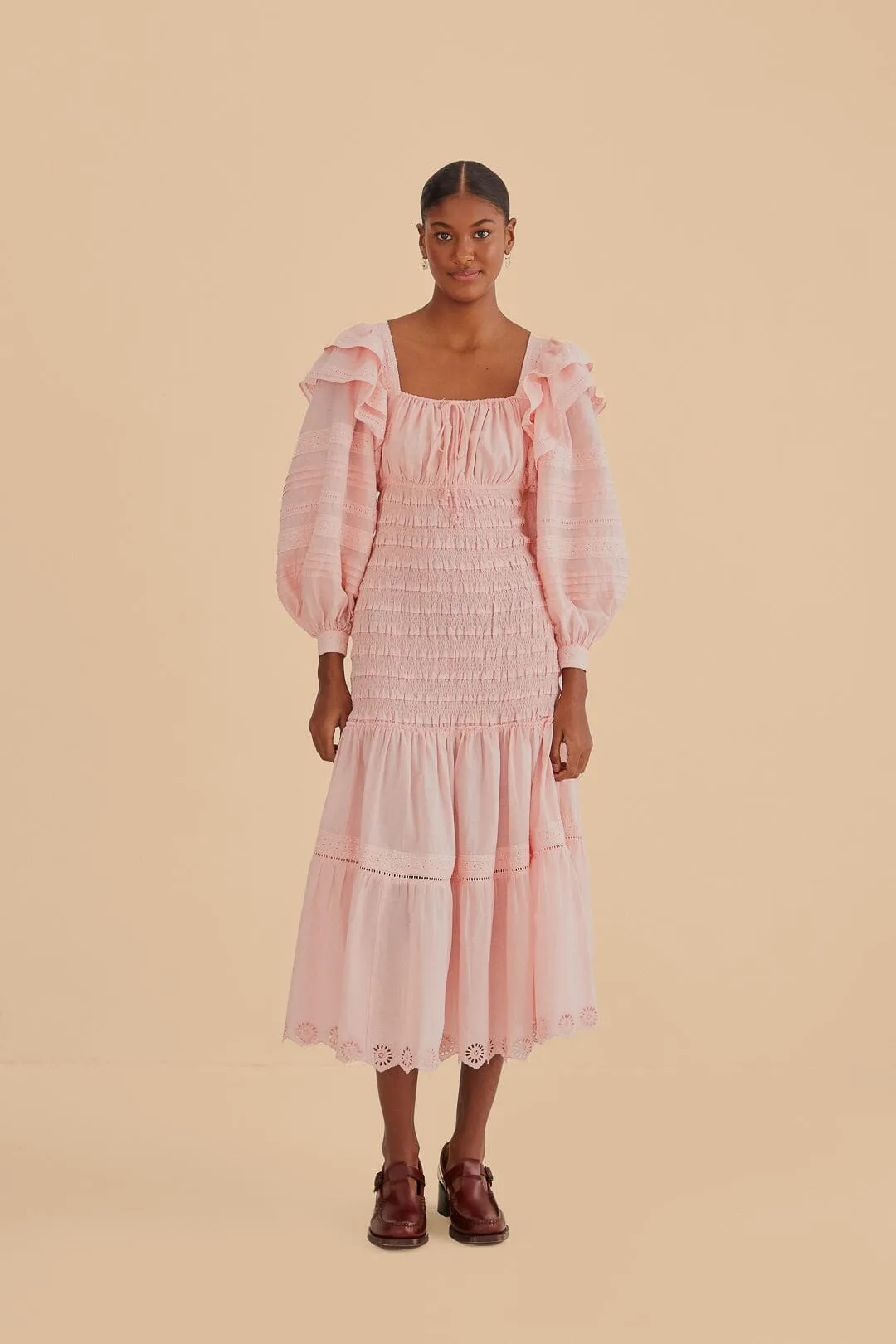 Light Pink Long Sleeve Smocked Midi Dress Fashion Essential Breezy and lightweight midi