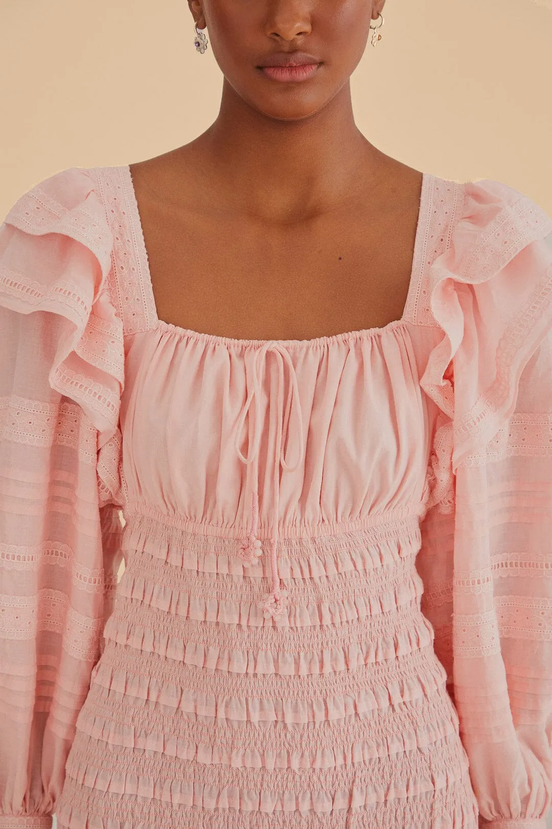 Grass Smell Light Pink Long Sleeve Smocked Midi Dress