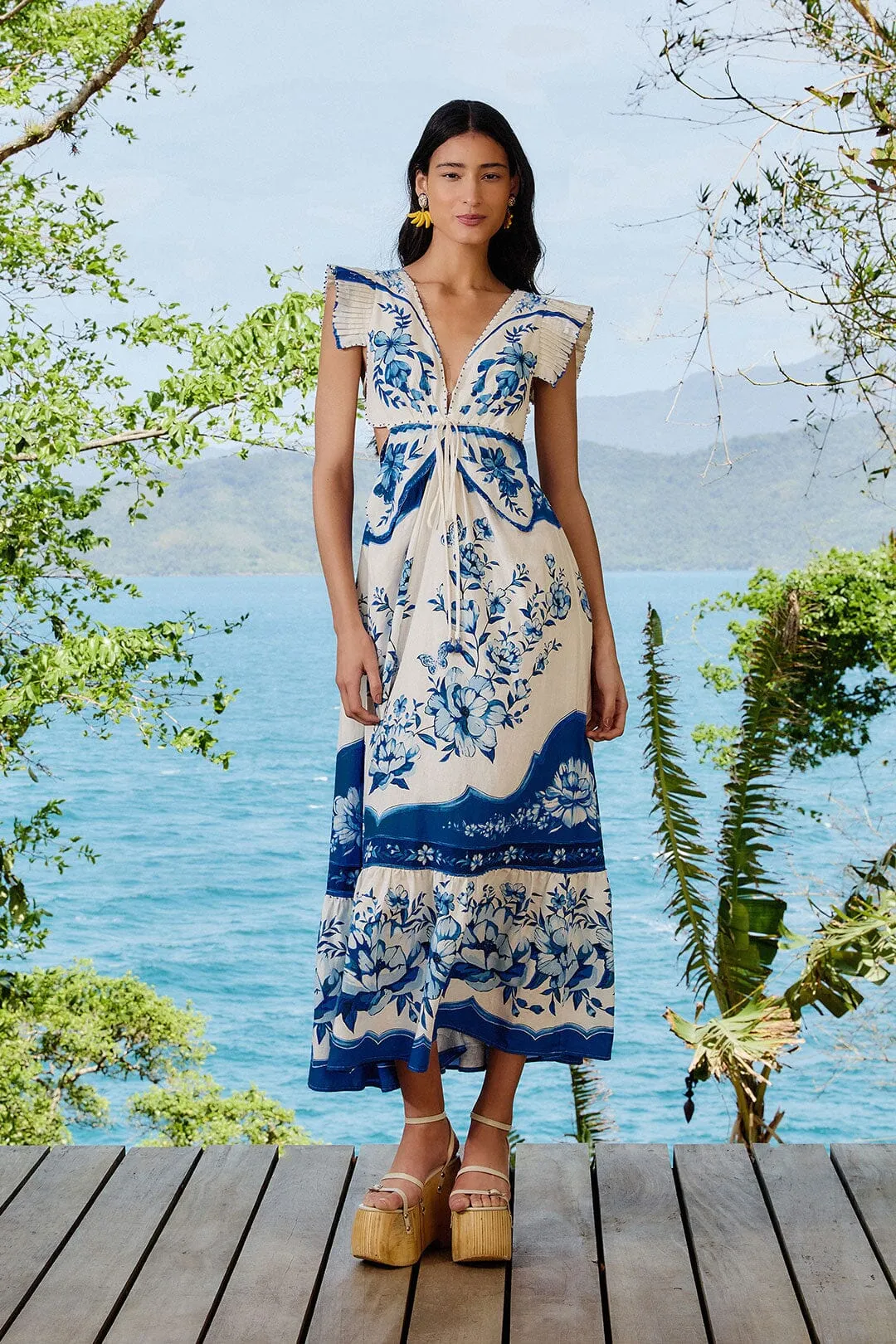Off-White Porcelain Garden Butterlfy LENZING? ECOVERO? Euroflax? Midi Dress Beach Path Coffee Break