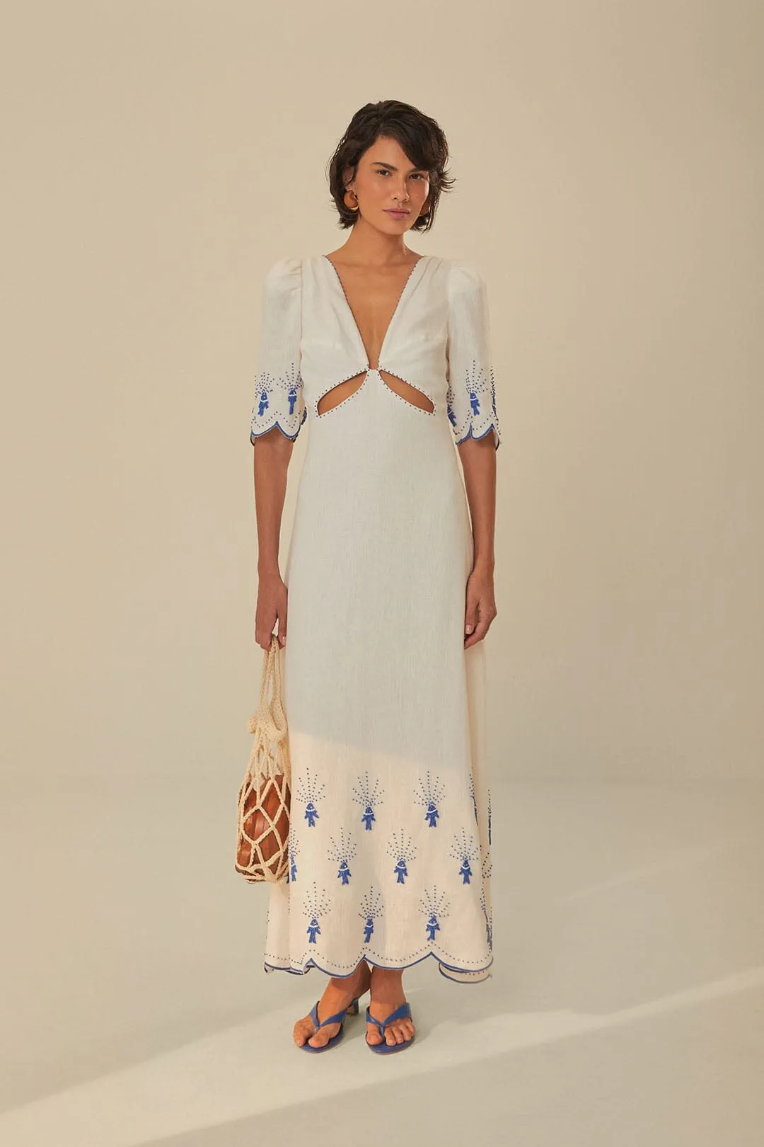 Perfectly Fitted Cool Shade Off-White Sea Of Fish Embroidered Midi Dress