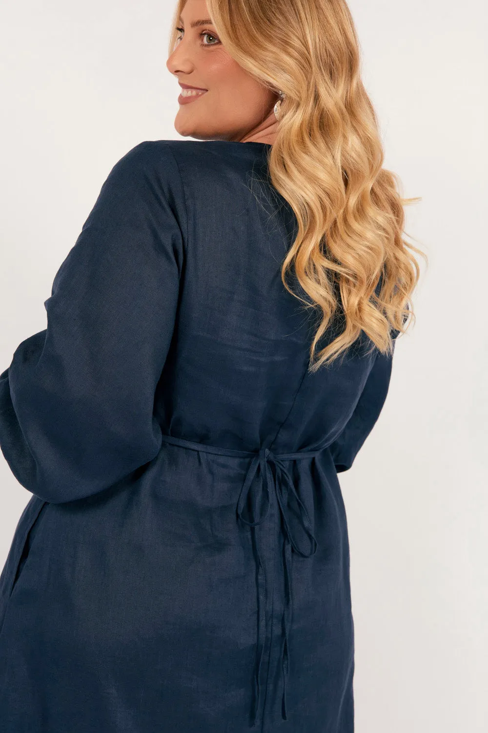Tropical Path Tamara Long Sleeve Linen Dress in Navy