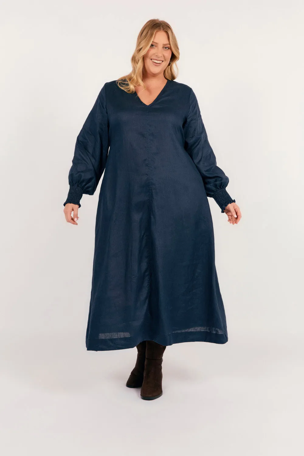 Fashion-forward long piece Tamara Long Sleeve Linen Dress in Navy