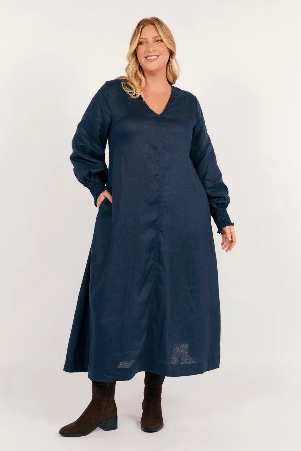 Tamara Long Sleeve Linen Dress in Navy The easy-to-wear design of this maxi dress ensures that you can style it effortlessly Net Soft
