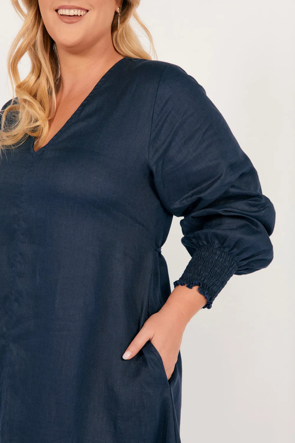 Tamara Long Sleeve Linen Dress in Navy Confident Walk