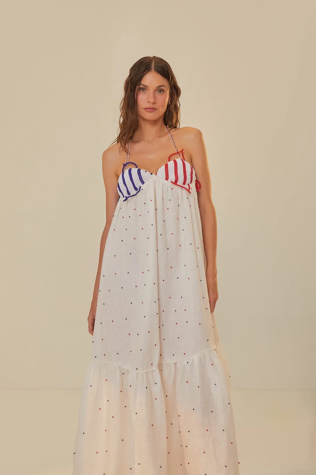 White Beaded Fishes Sleeveless Maxi Dress Window Glow Linen Drapes