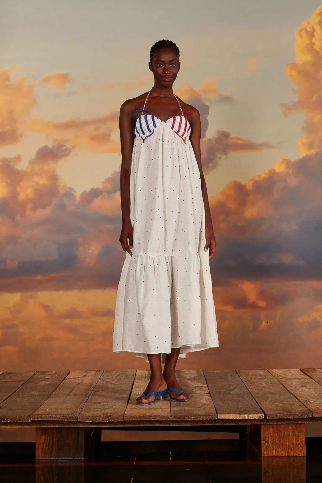White Beaded Fishes Sleeveless Maxi Dress Blue Hour Town Lane