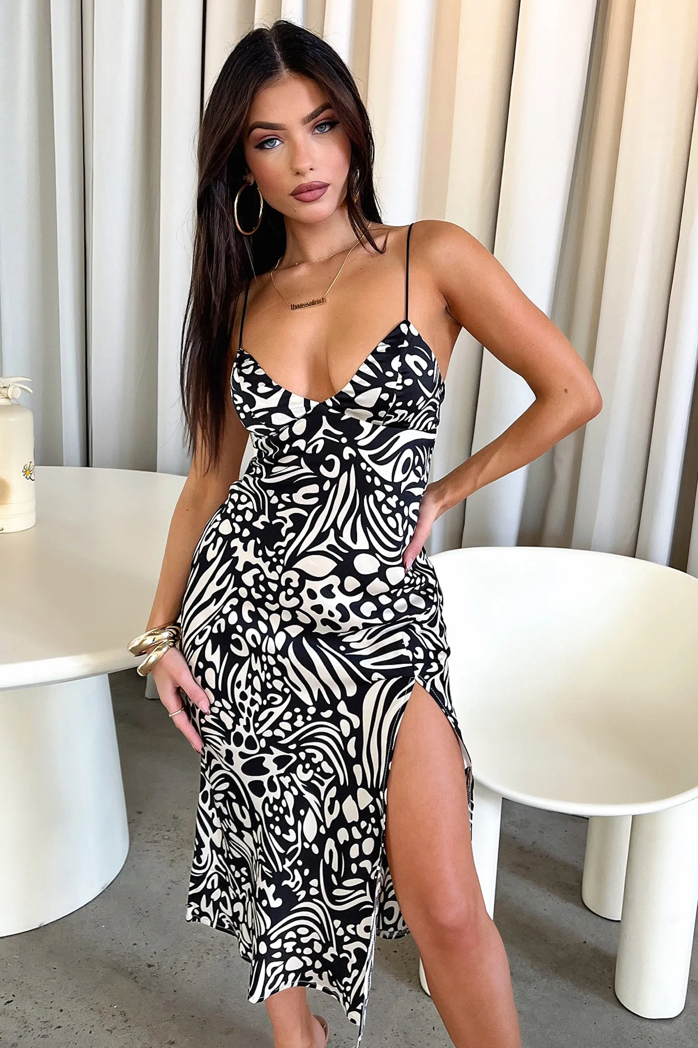 Jennifer Satin Midi Dress - Black/White Print Birthday Dinner
