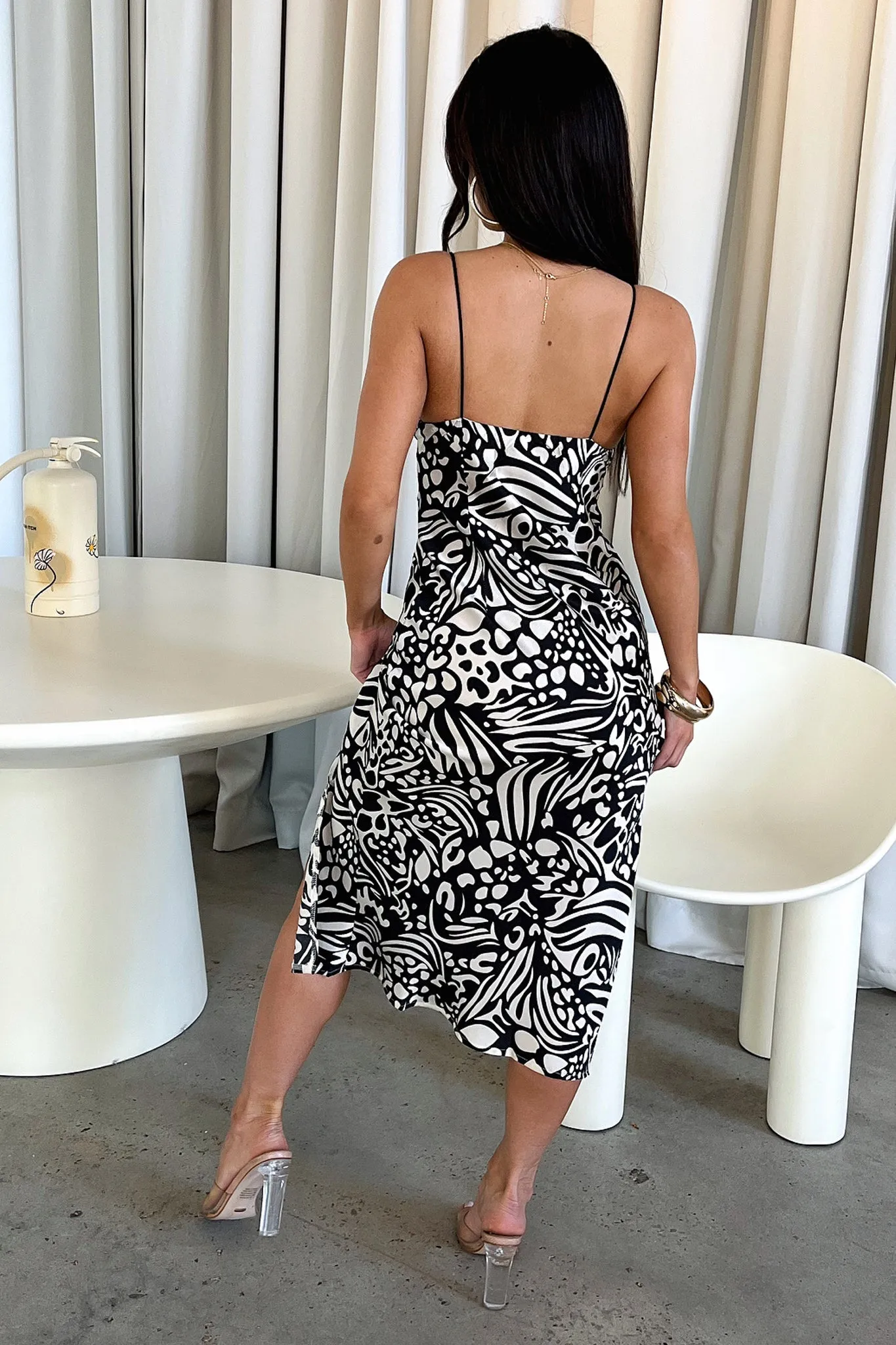 Cozy Wrap Jennifer Satin Midi Dress - Black/White Print