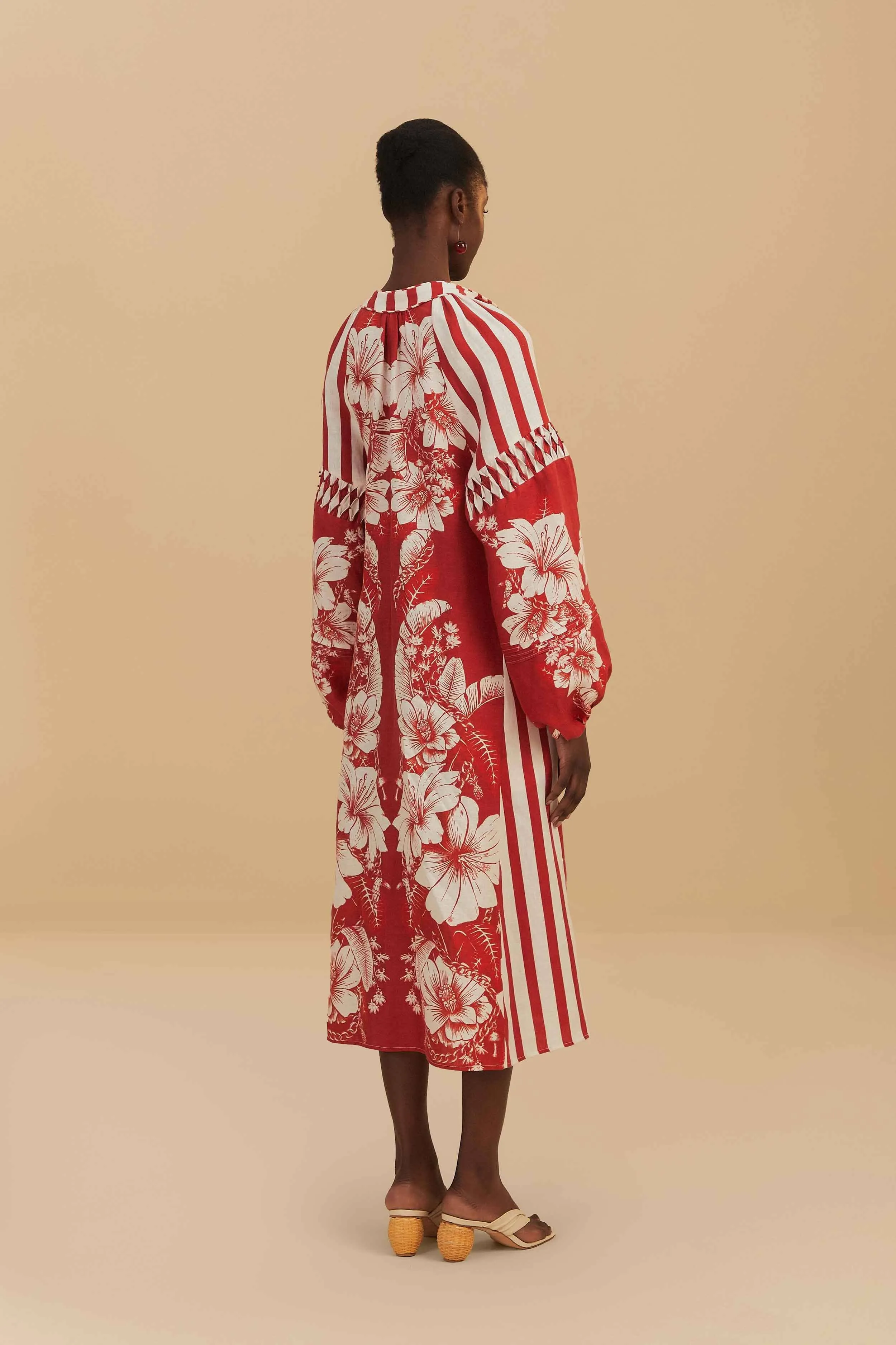 Midi dress with waist tie Red Floral Chains Stripes Midi Dress