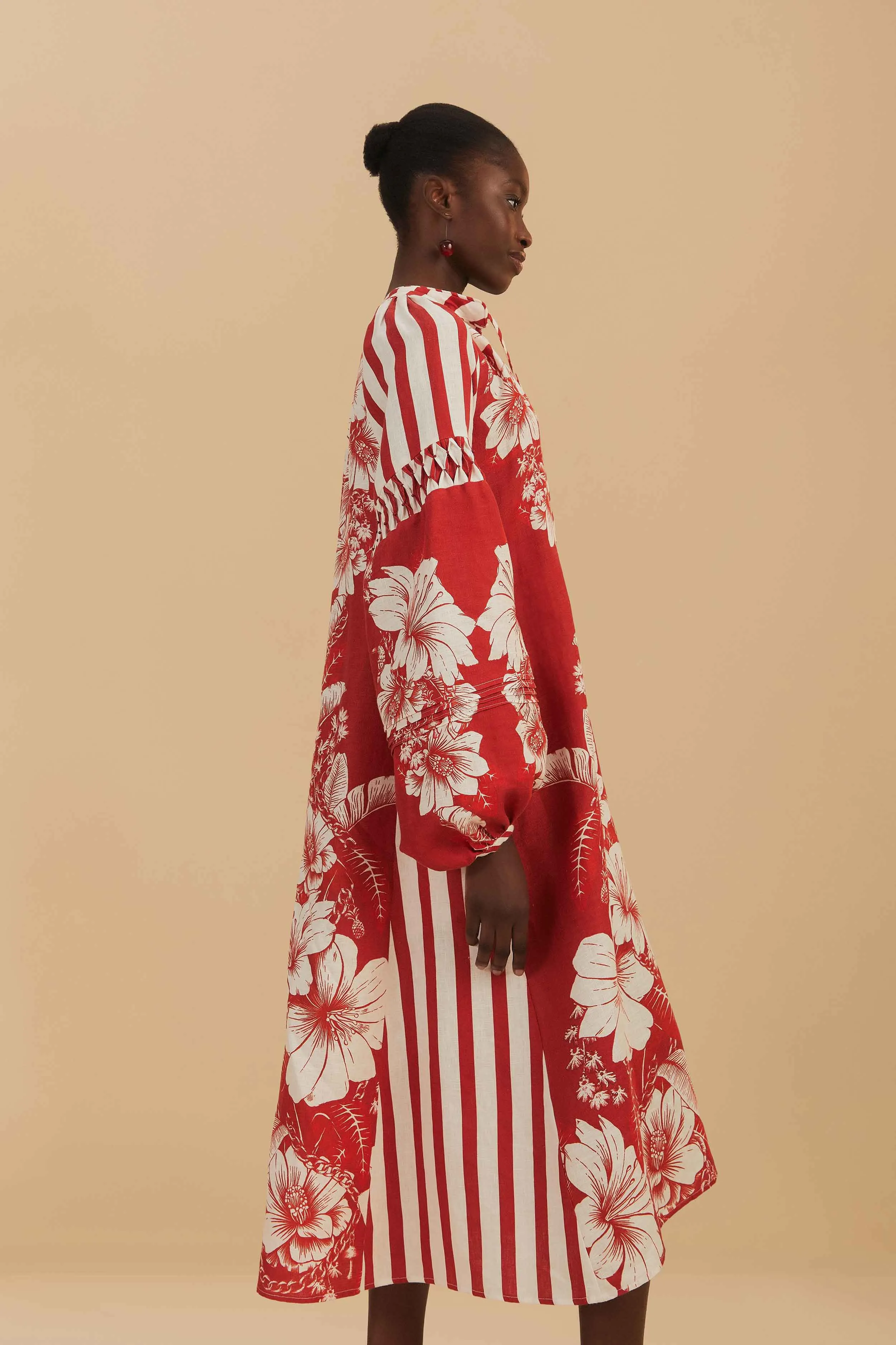 Red Floral Chains Stripes Midi Dress Classy Attire