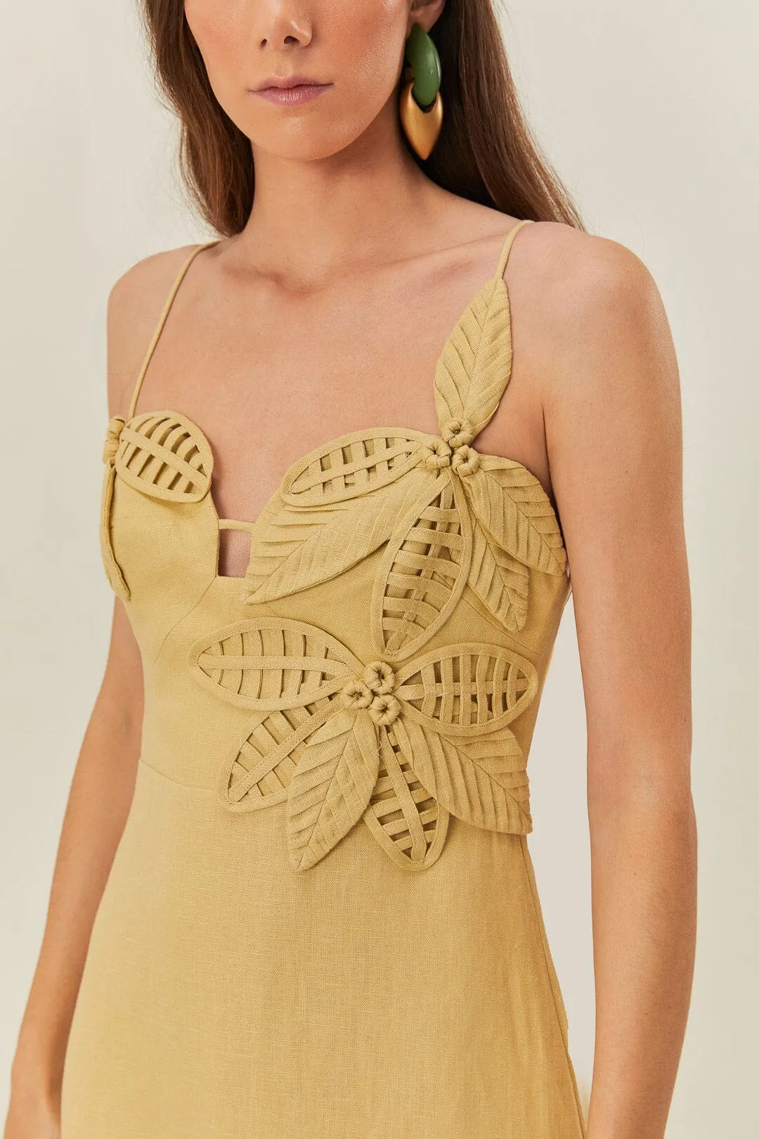 Evening Glam Chic Silhouette Sand 3D Flower Bodice Midi Dress