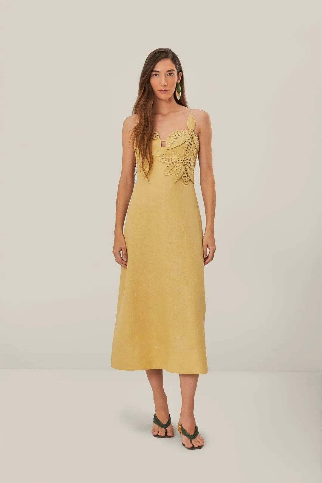 Sand 3D Flower Bodice Midi Dress Urban Casual