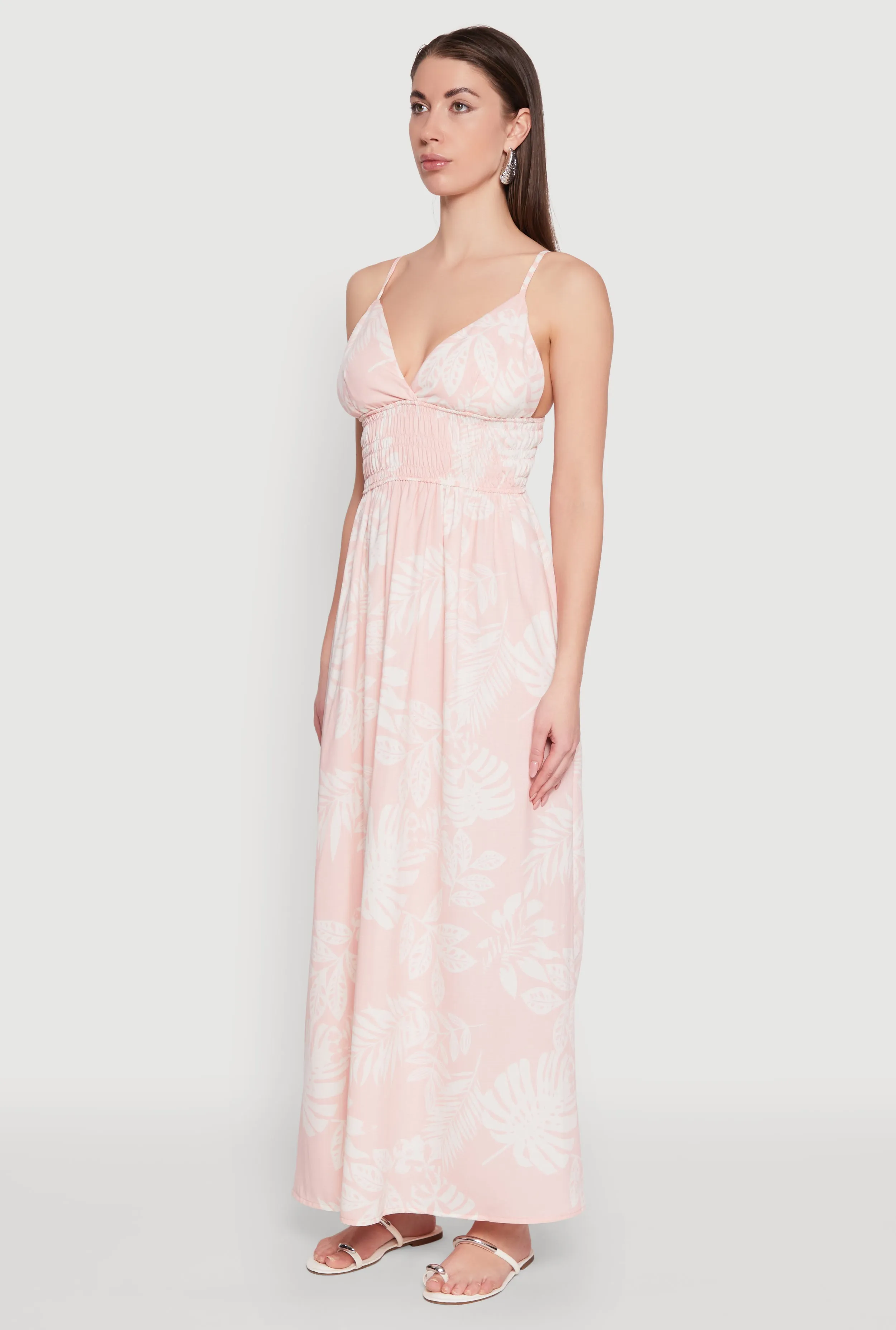 Marble Step Tulle Flow Haute Monde Leaf Print Smocked Maxi Dress