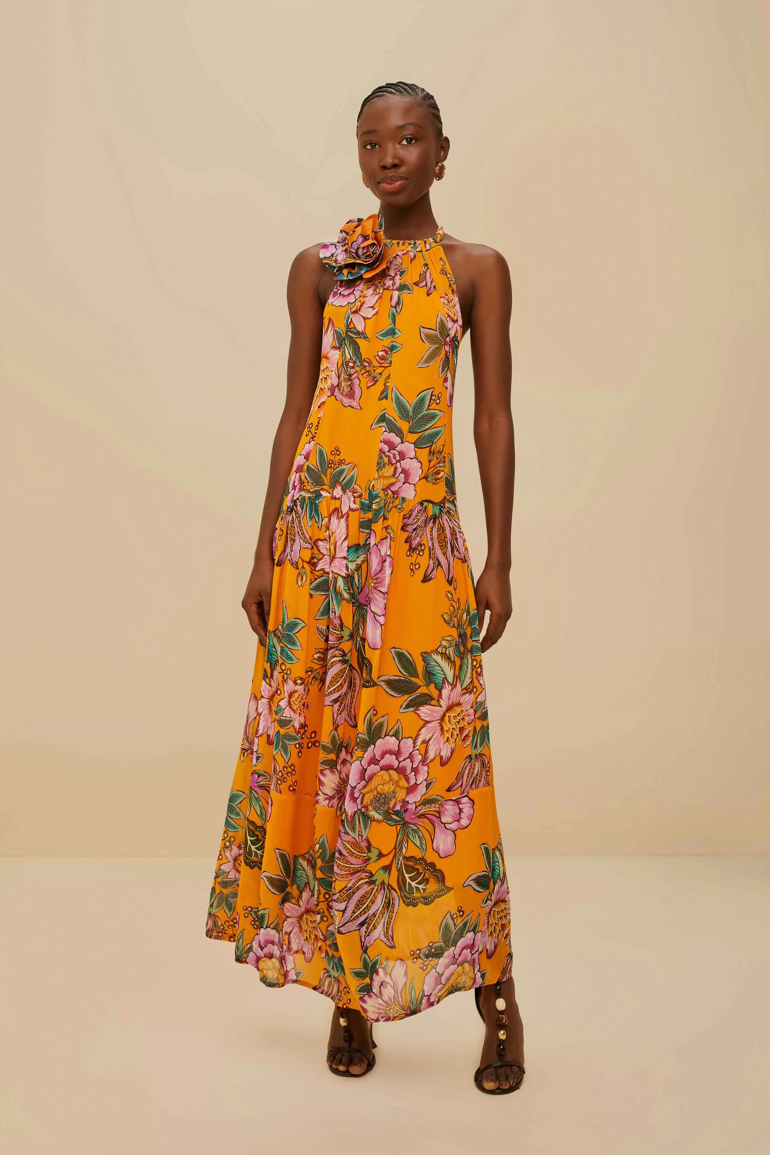 Orange Wonderful Bouquet Maxi Dress Cold Cozy The flattering cut of this dress creates a polished appearance without being overly fussy