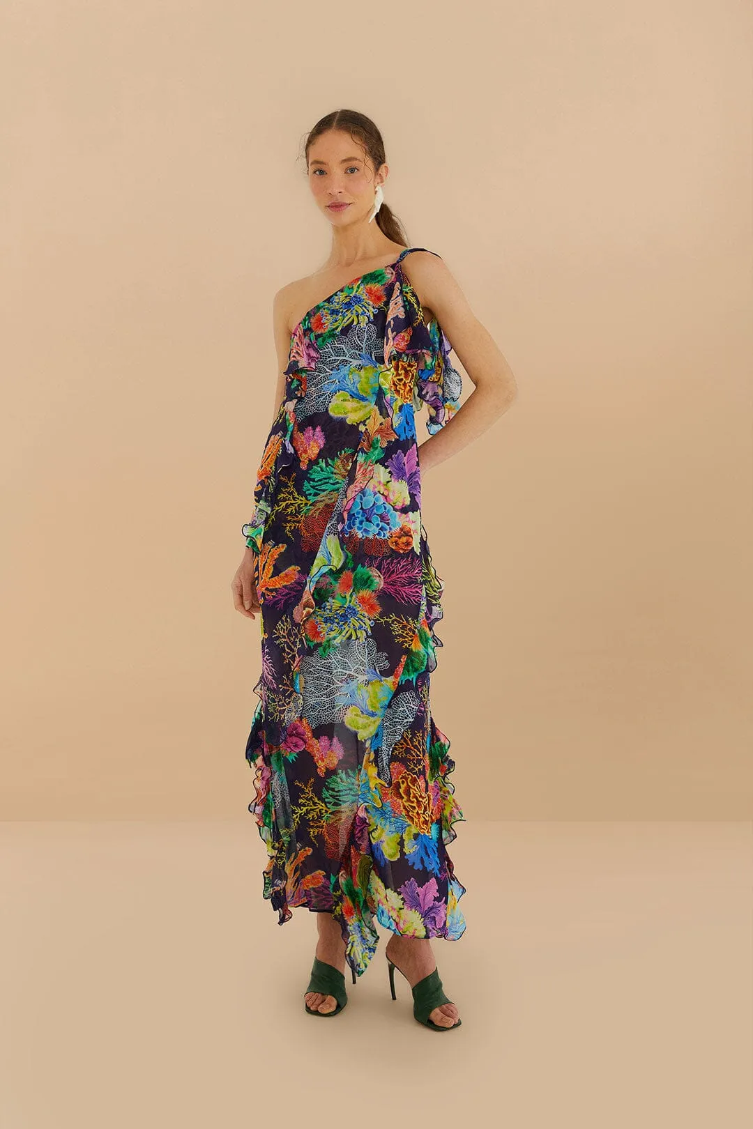 Elegant dinner dress Navy Blue Vibrant Coral Garden One-Shoulder Maxi Dress