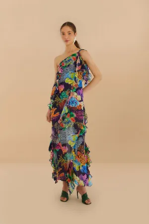 Navy Blue Vibrant Coral Garden One-Shoulder Maxi Dress Calm Mind Diamond Shine